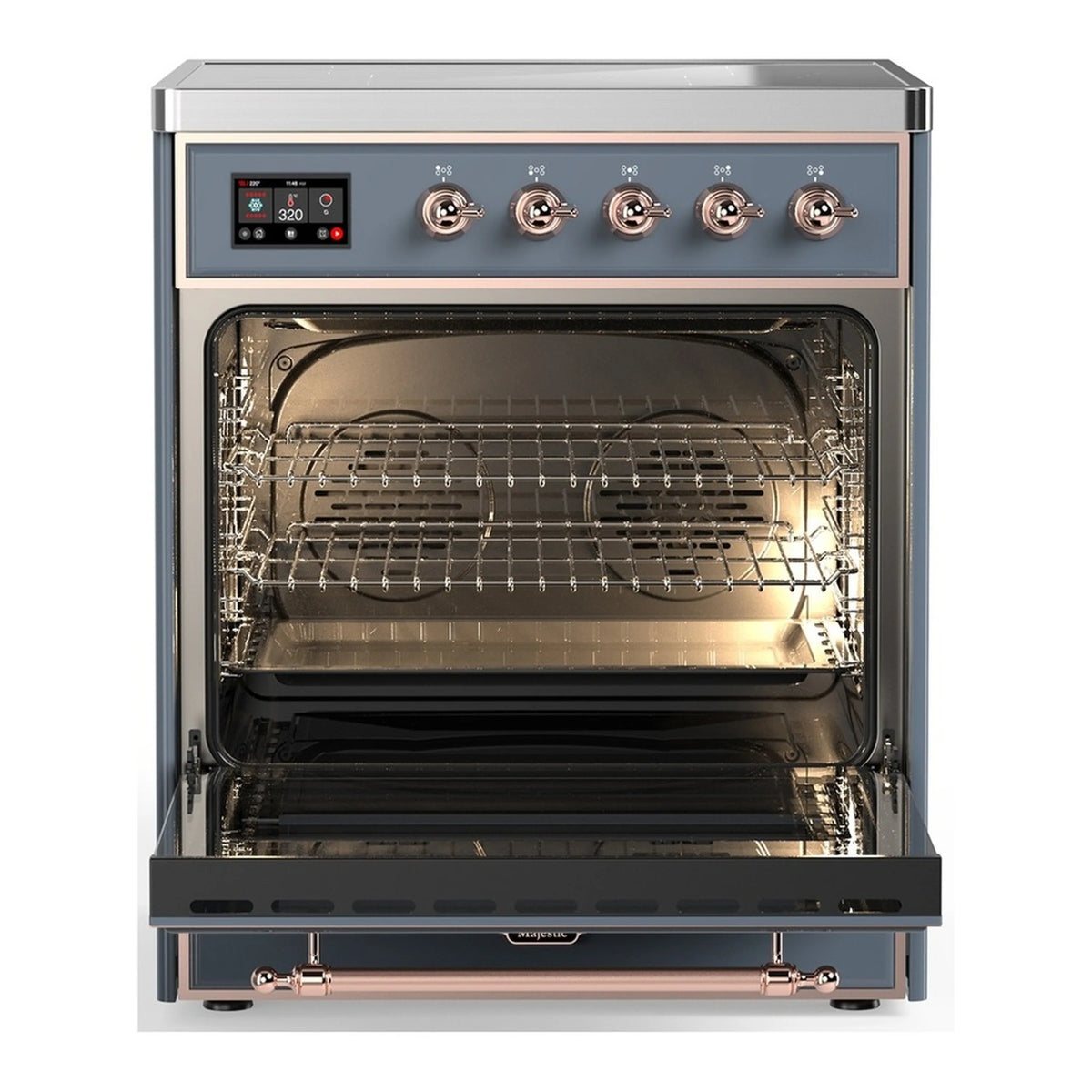 Open induction oven with wire racks and baking cavity, blue-grey interior