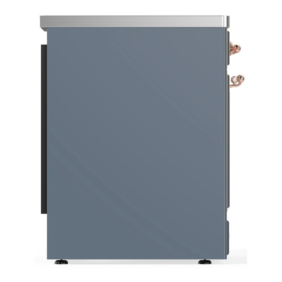 Blue-grey induction oven range rear view with copper side handles and feet