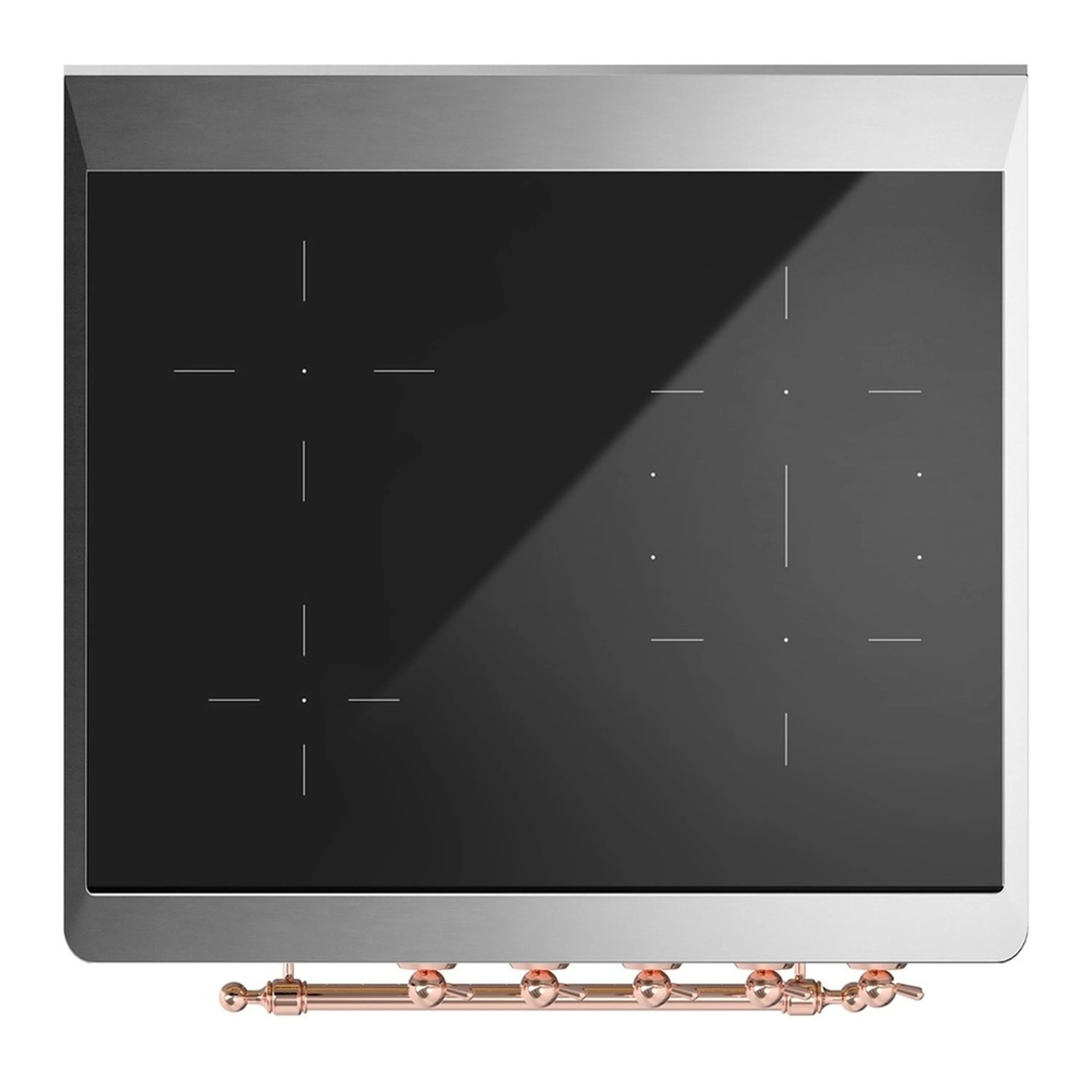 Induction cooktop glass with copper burner trim and control knobs