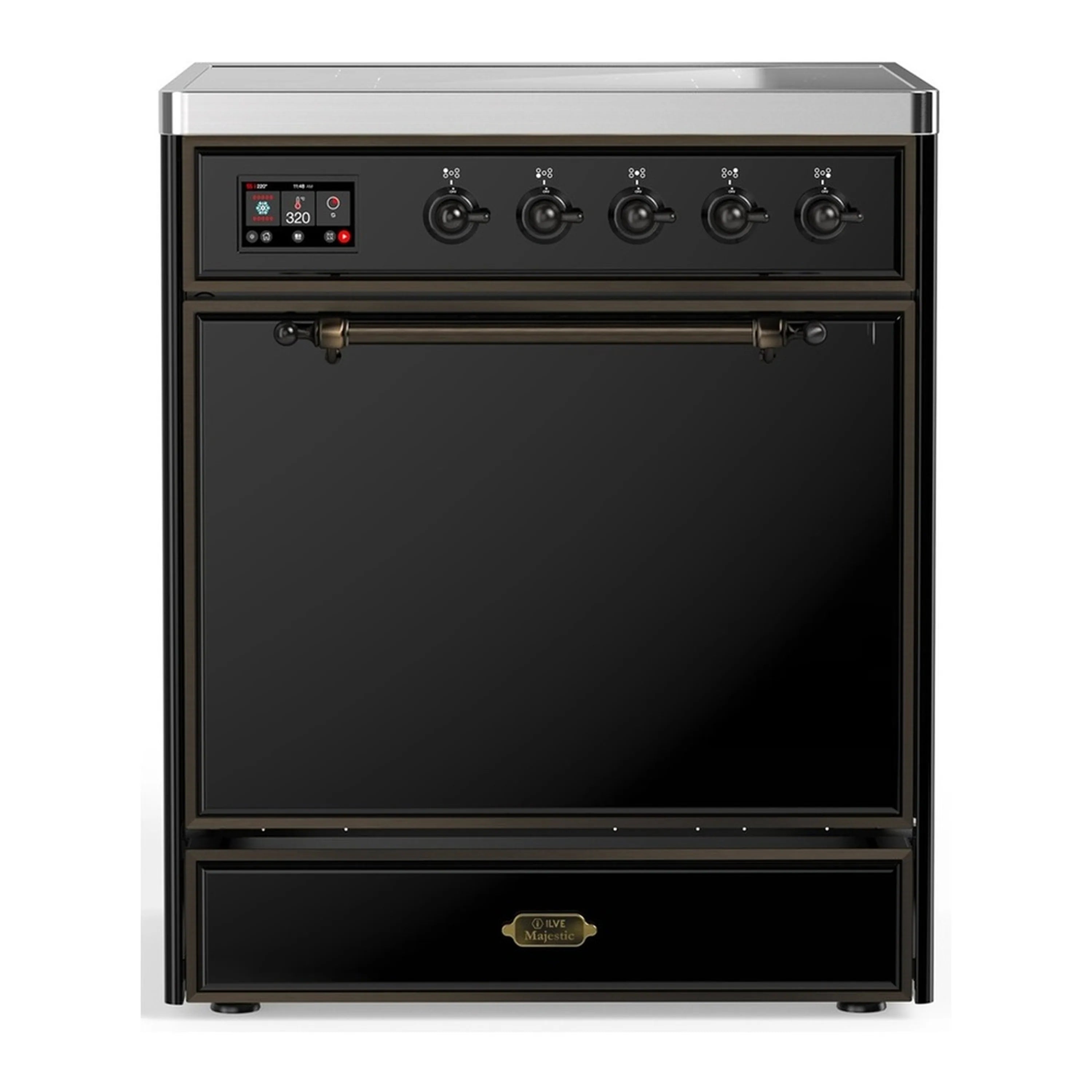 Glossy black induction range with stainless control panel, 4 burners and gold knobs
