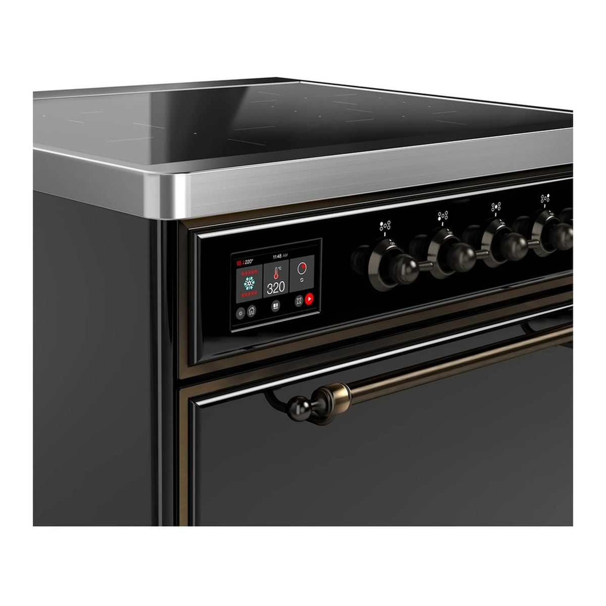 Induction range control panel with digital display and four dark burner knobs