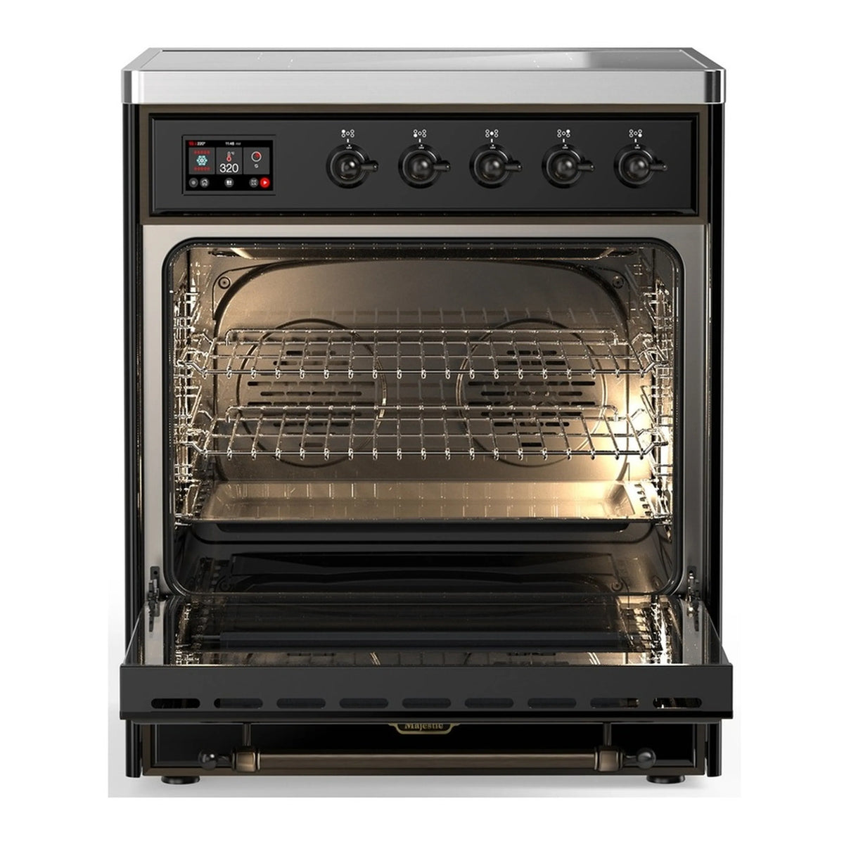 Induction range oven with open door, wire racks, and visible back heating element