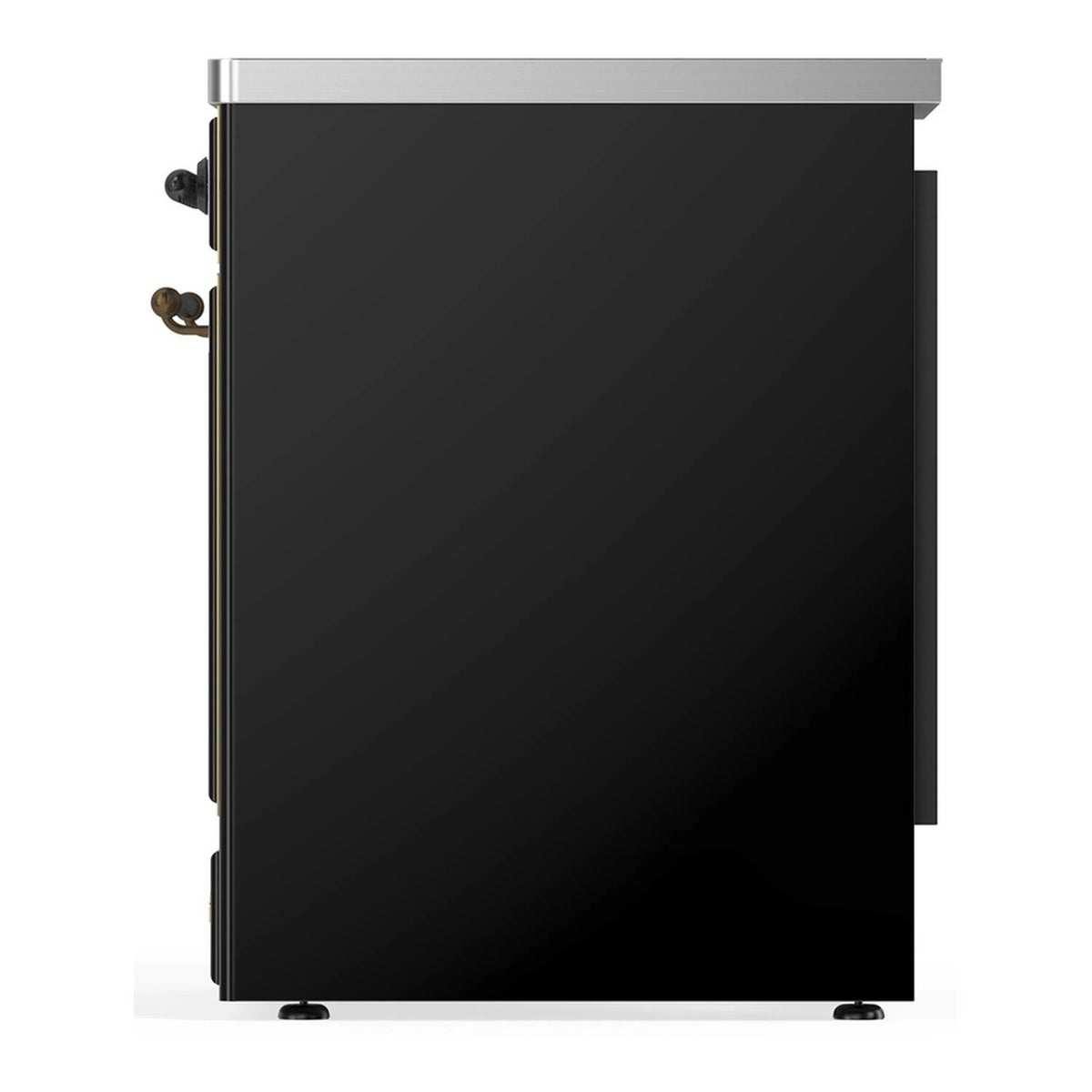 Glossy black oven door with side trim and brass handle details