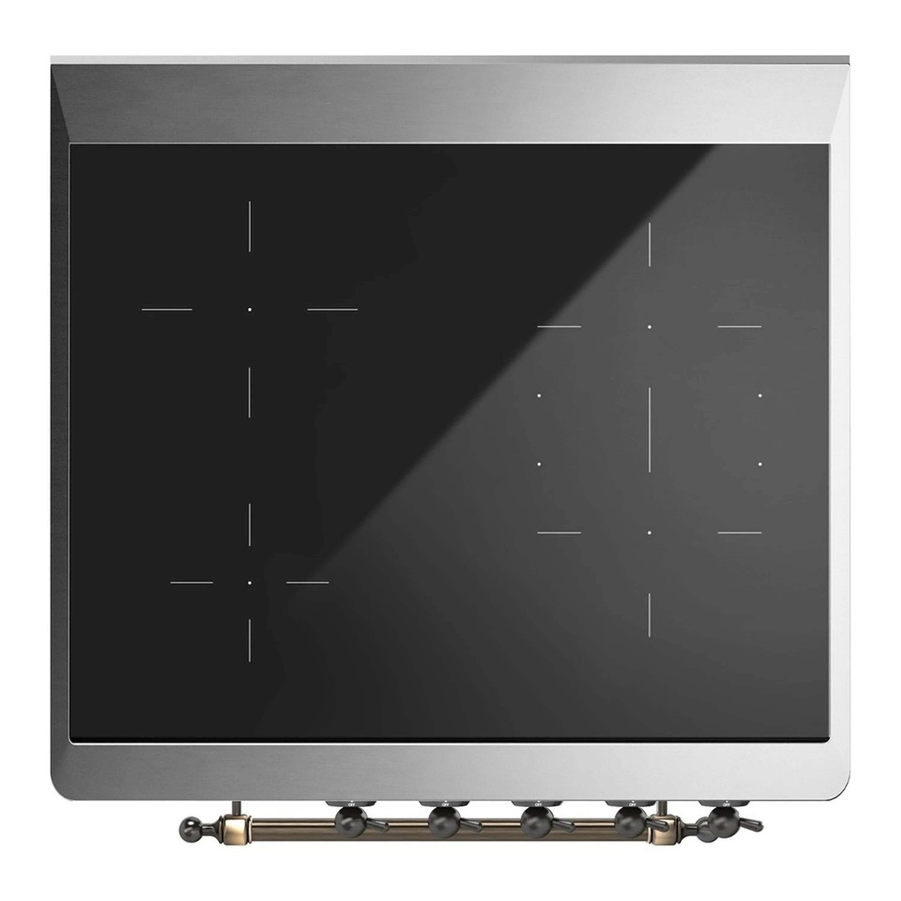 Black glass cooktop with burner lines, brass knobs, and stainless edge