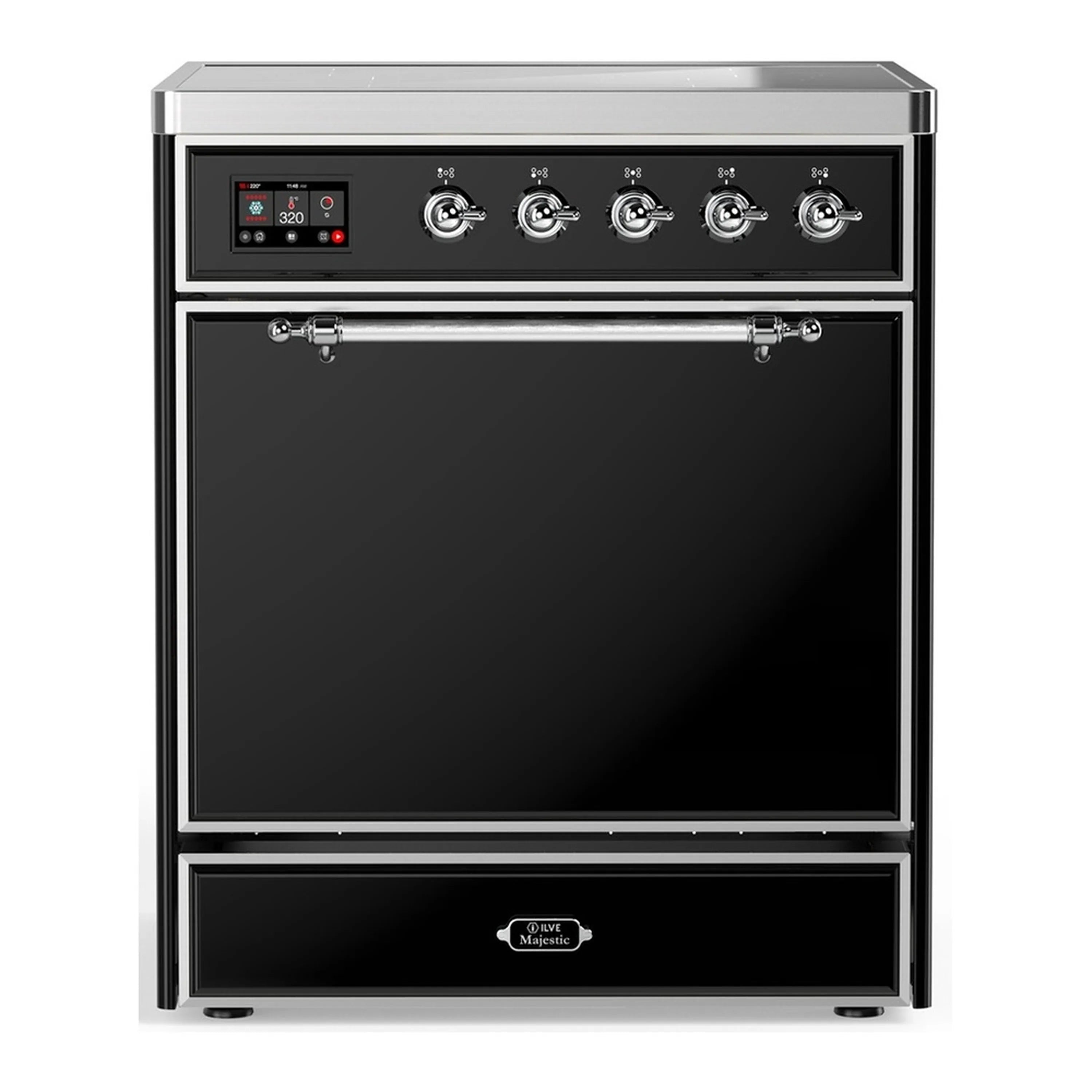 Glossy black induction range with chrome trim, control panel, and solid door electric oven