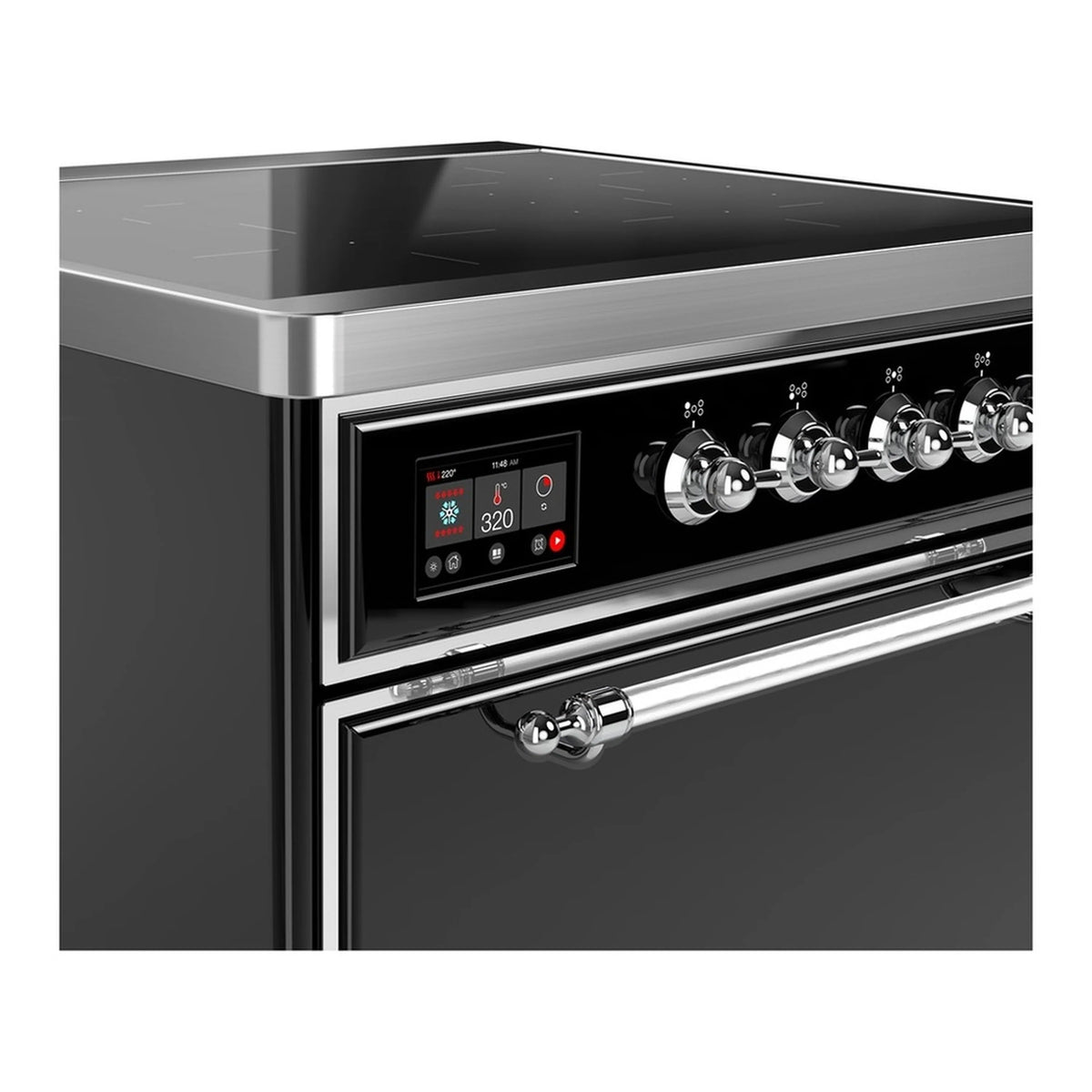 Induction range control panel with digital display and five chrome knob burners