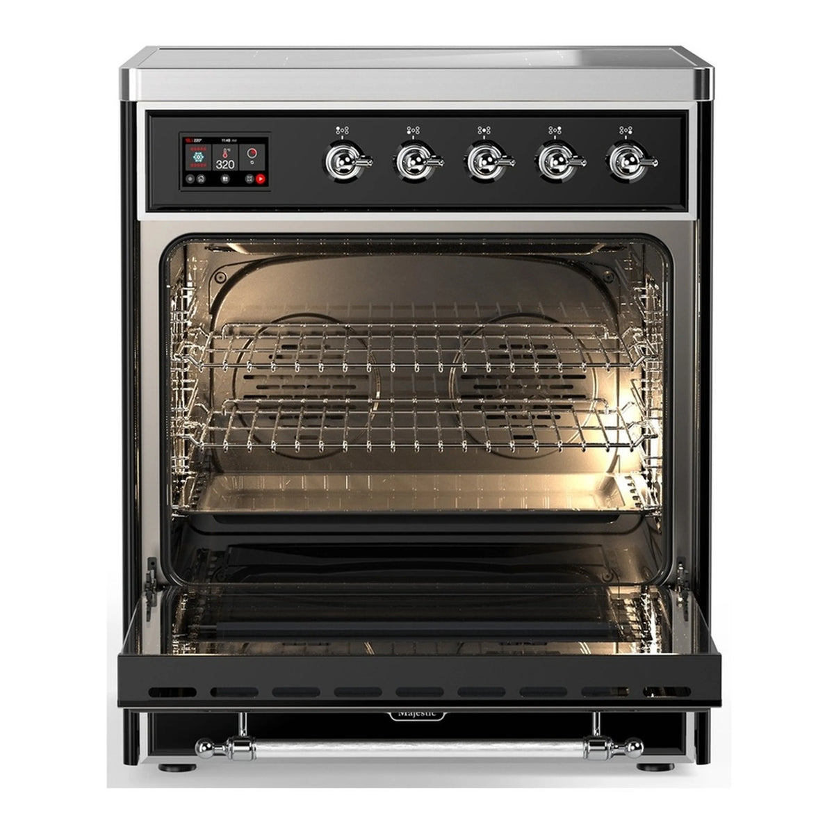 Induction range with open oven door showing wire racks inside the electric oven