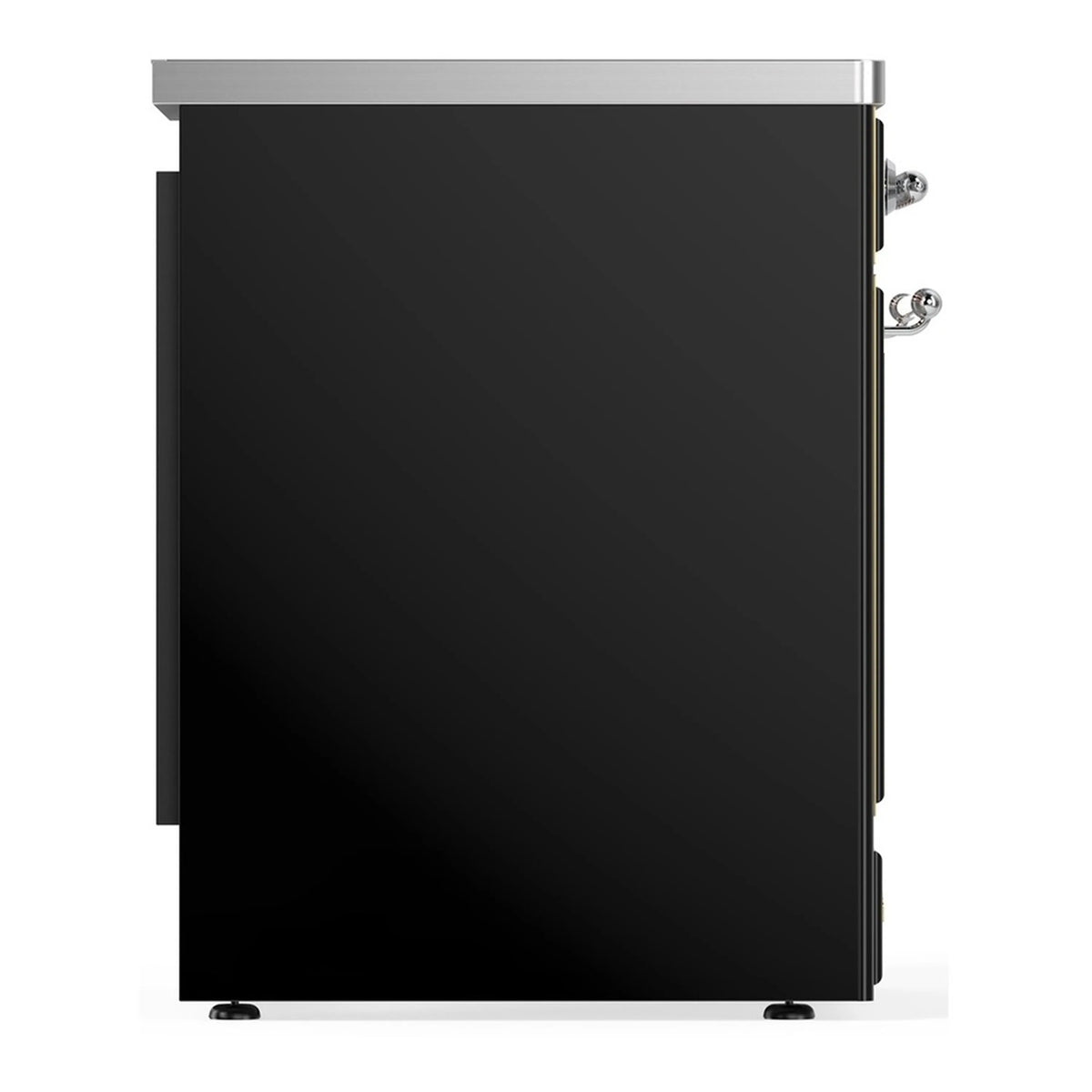 Glossy black oven with chrome side trim and handle knobs, door closed