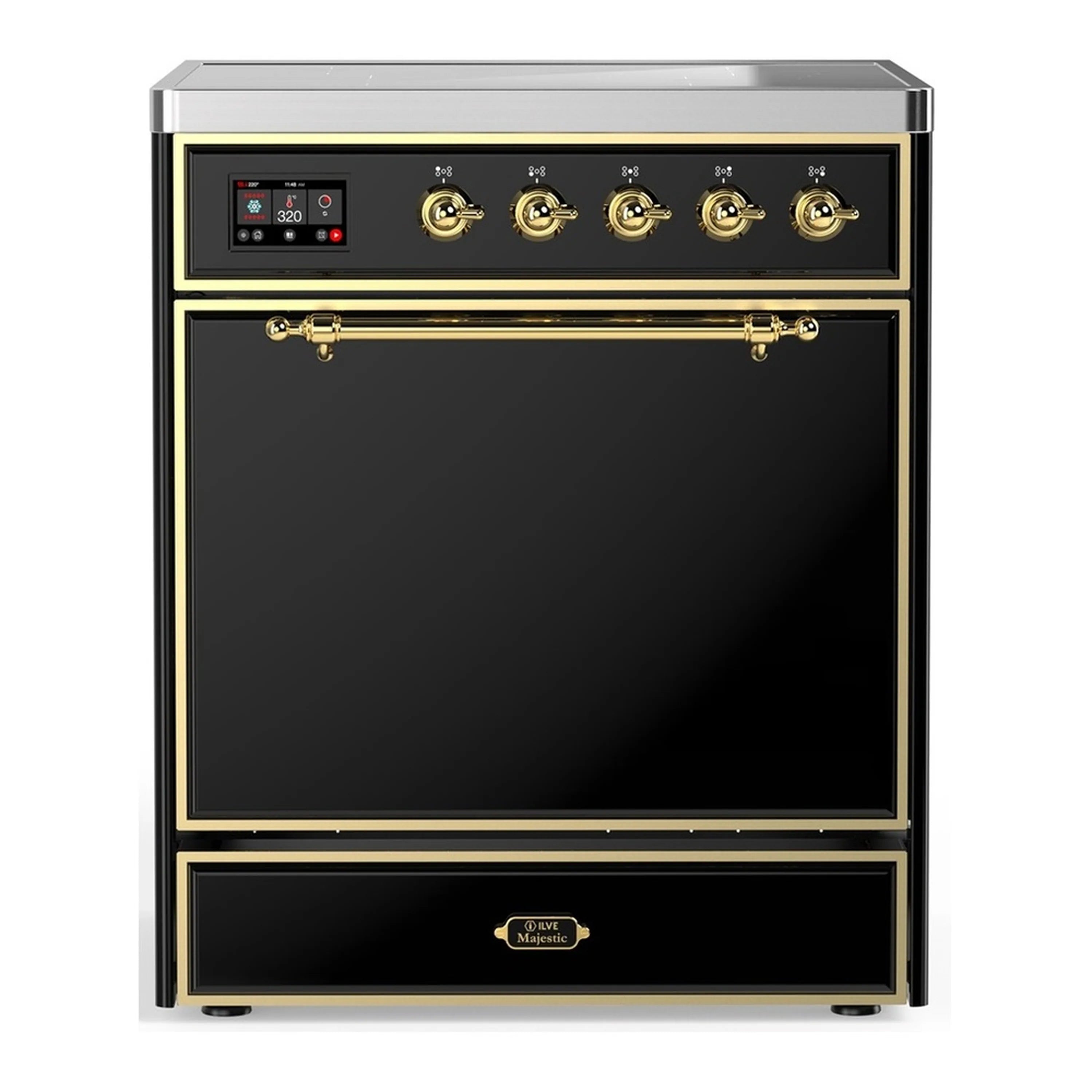 ILVE induction range with glossy black oven door and brass-trim control panel