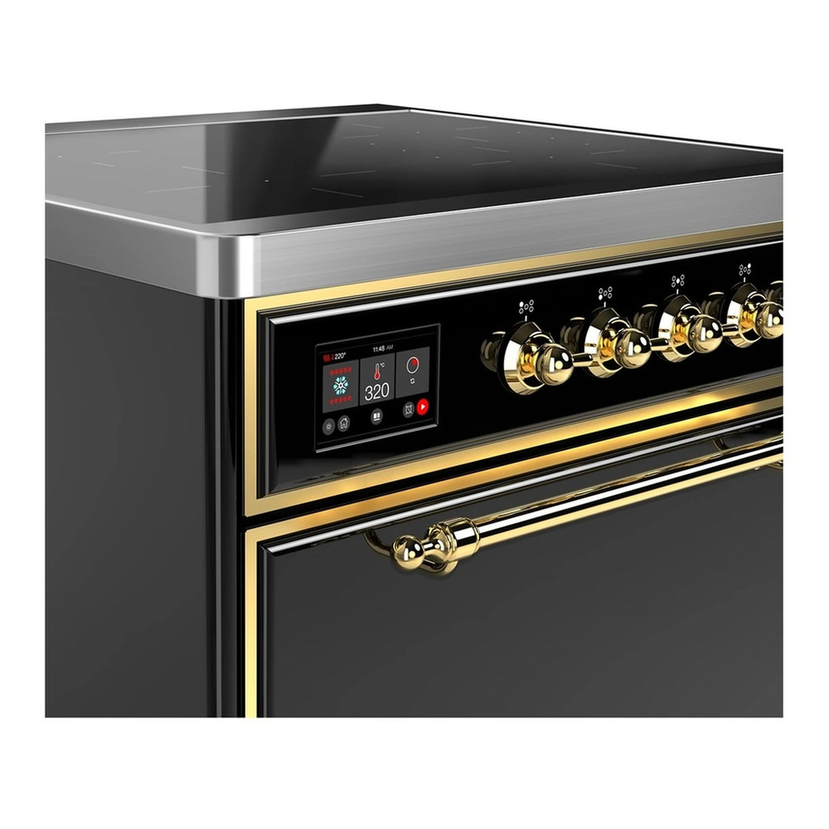 ILVE induction range control panel with glossy black glass and brass knobs