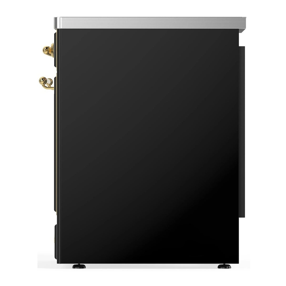 ILVE induction range side view with glossy black finish and brass handle accents
