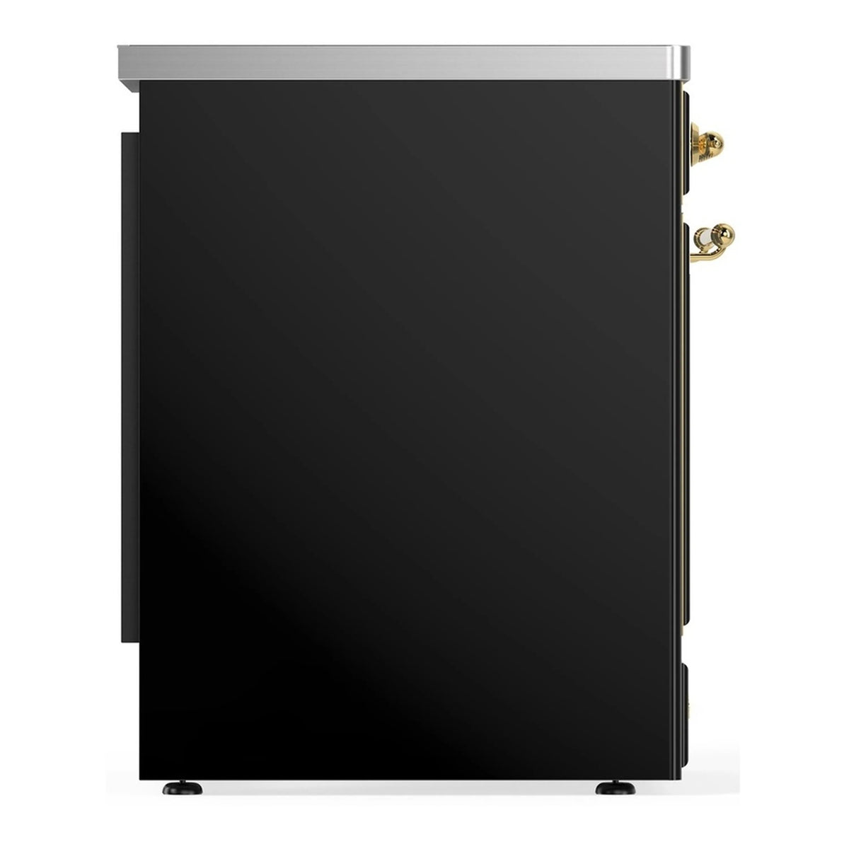 ILVE induction range side corner view with glossy black door and brass trim