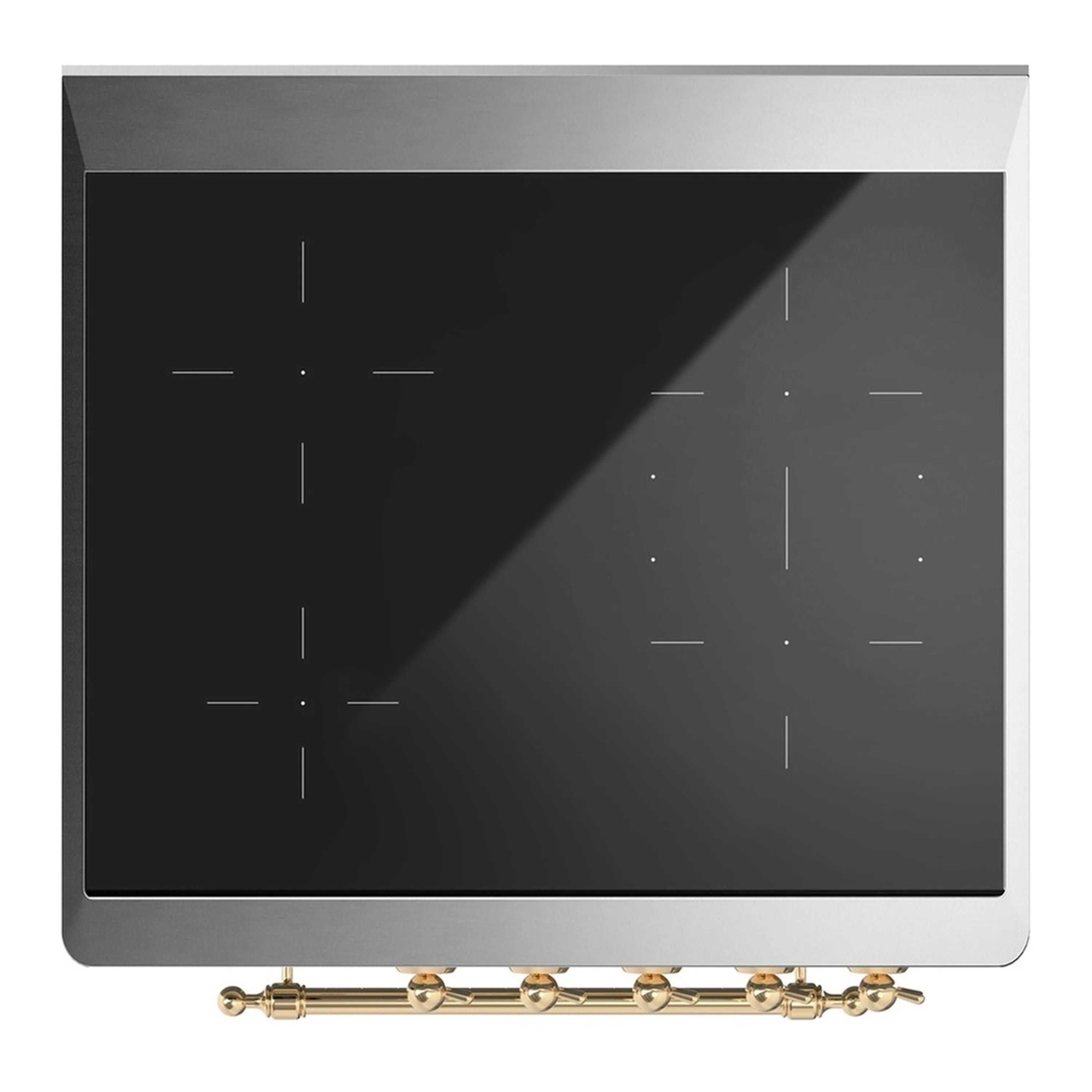 ILVE induction cooktop with black glass surface and brass control rail