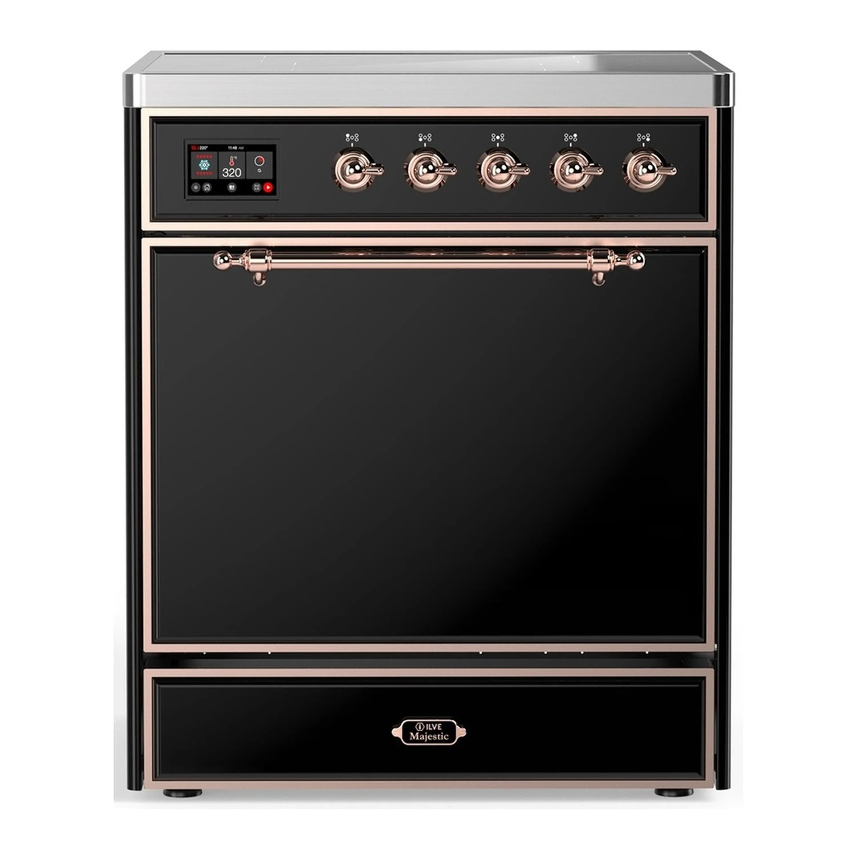 Glossy black induction range with four copper-trimmed control knobs and digital display