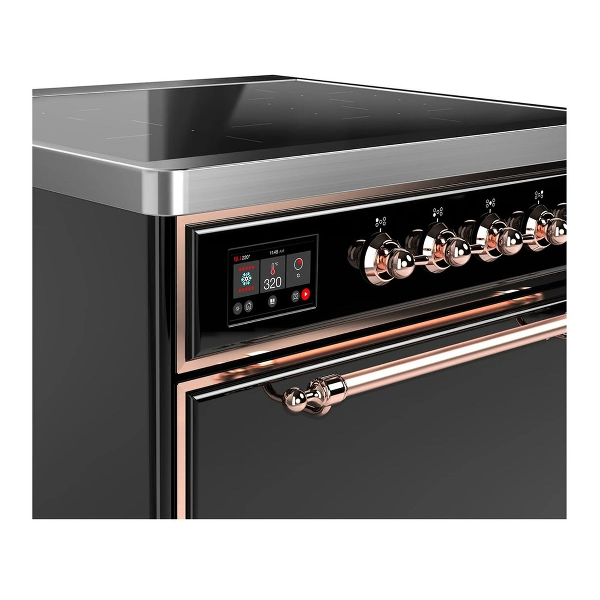 Induction range control panel with glossy black glass and copper rotary knobs