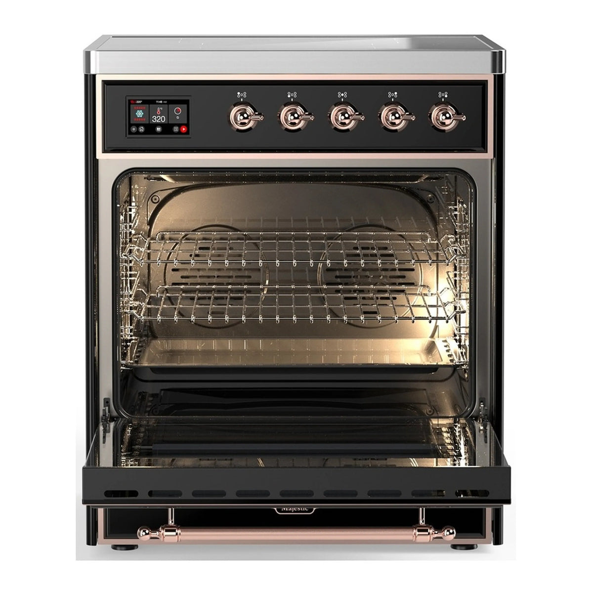 Glossy black electric oven door open, showing racks inside