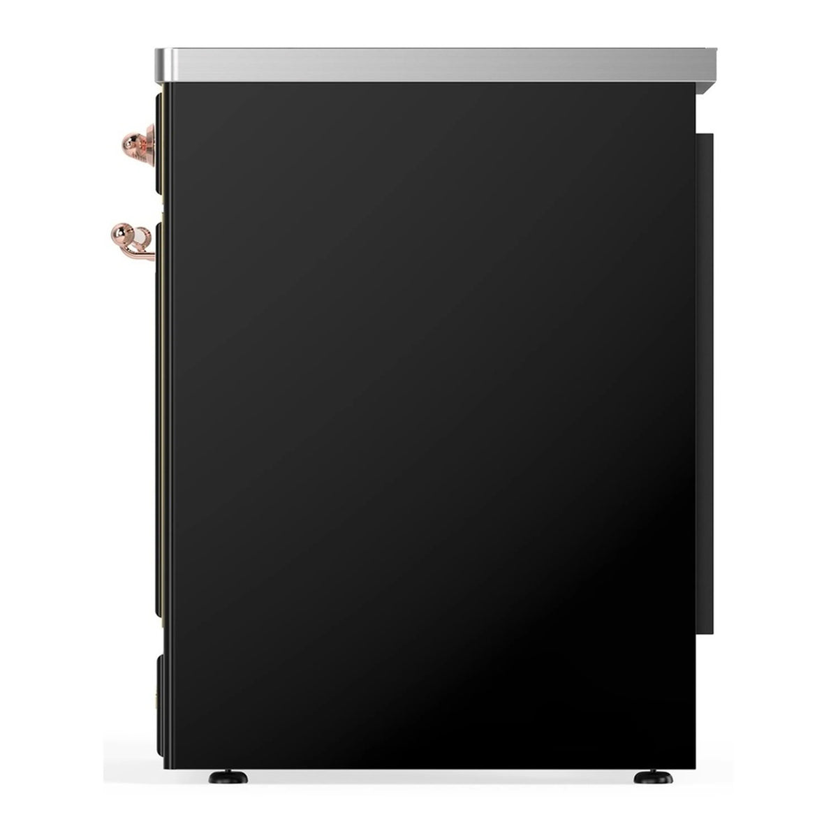 Glossy black oven door with stainless top and copper handle accents