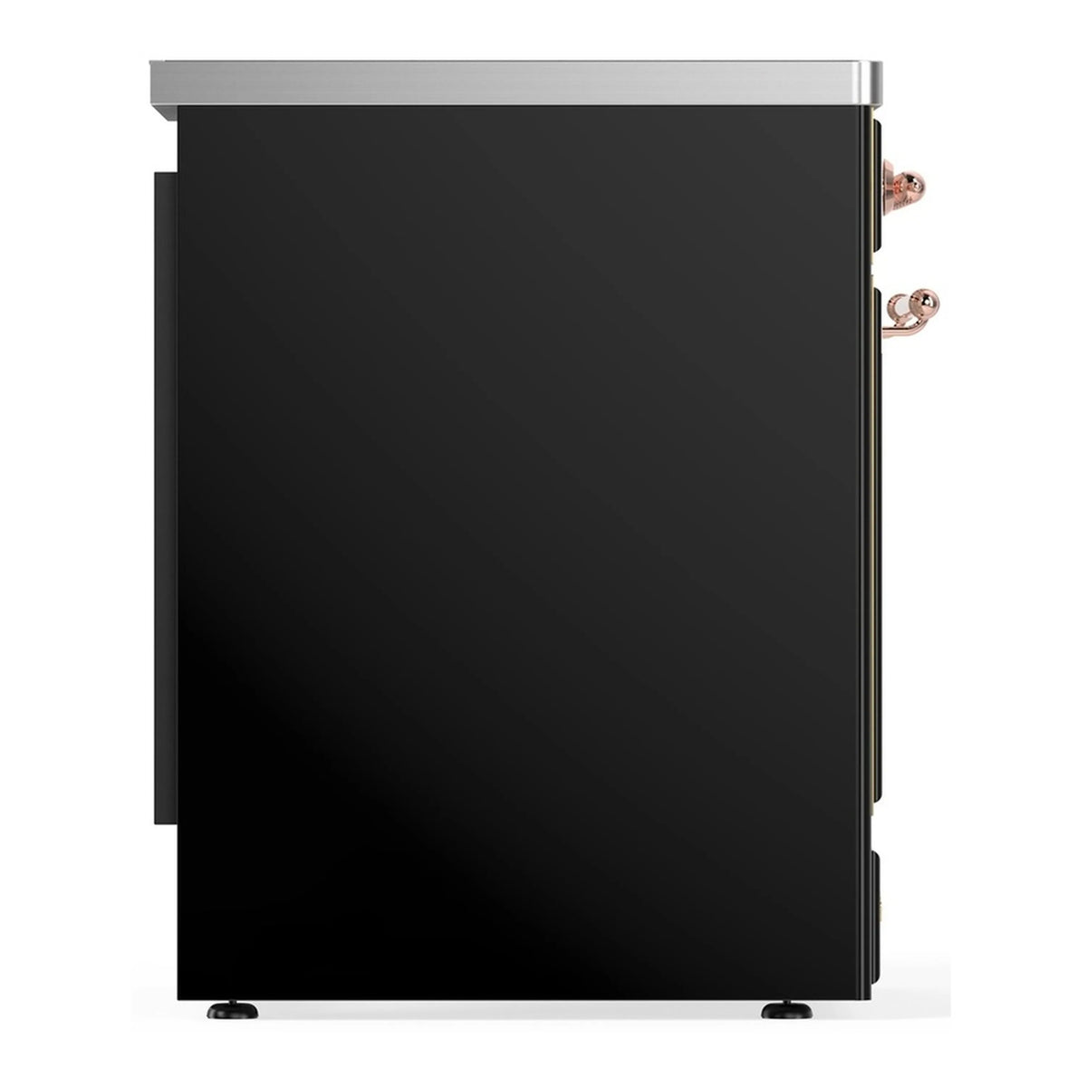 Glossy black oven door side view with copper handle accents and stainless top