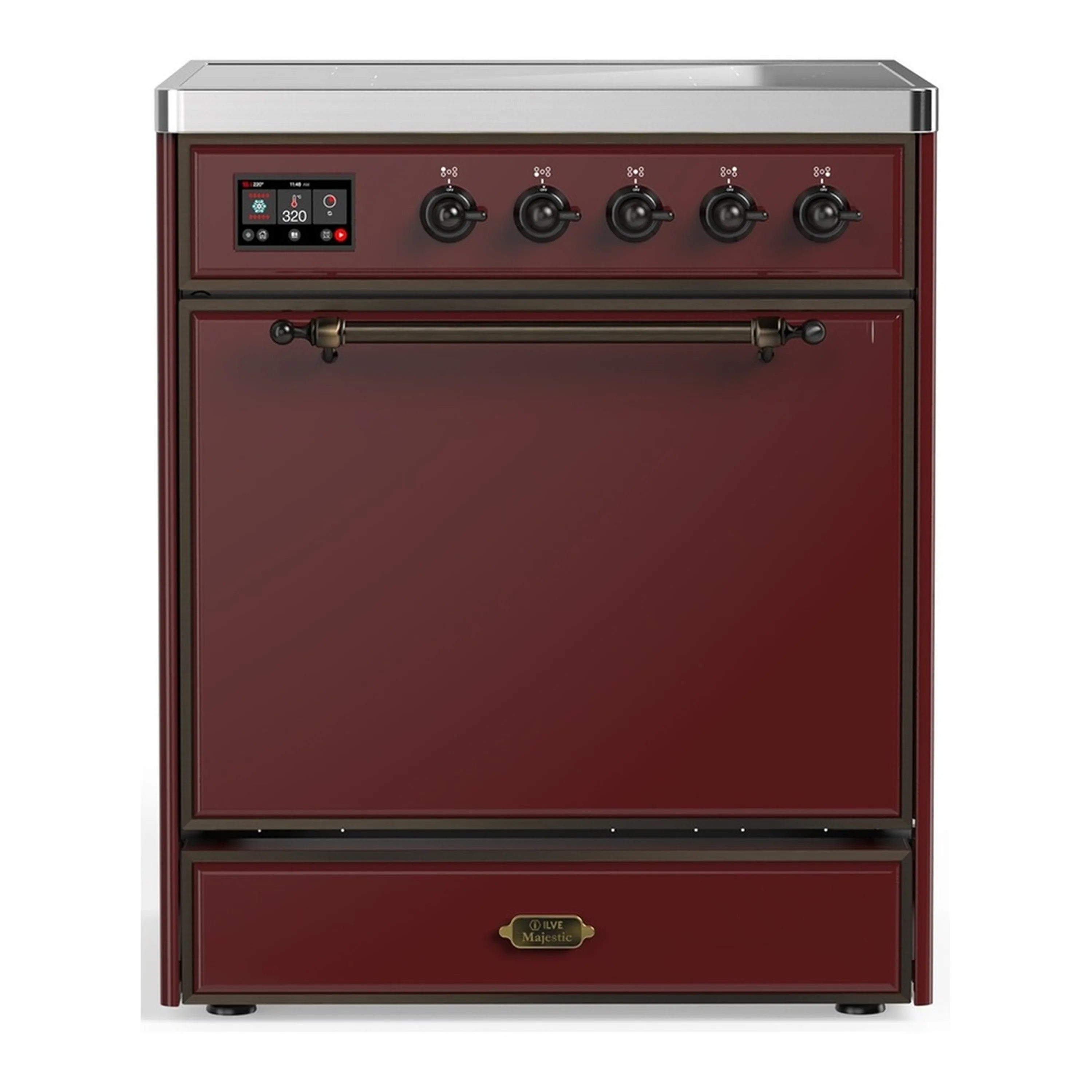 Burgundy induction range with solid door electric oven, stainless trim, front control panel