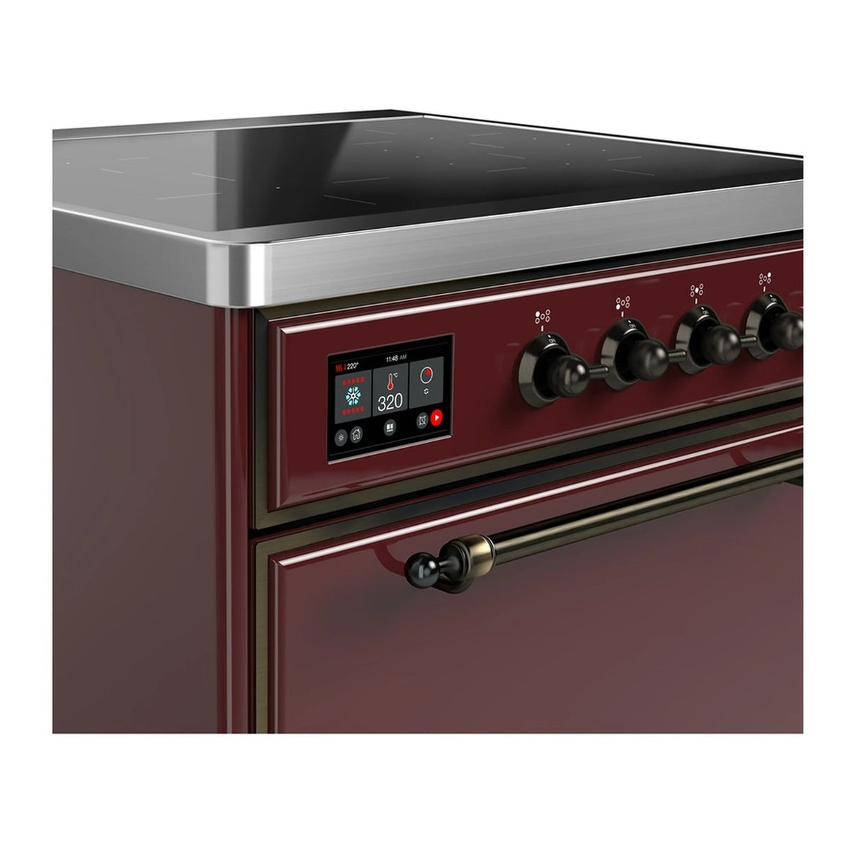 Burgundy induction range corner view with touchscreen display and metal control knobs