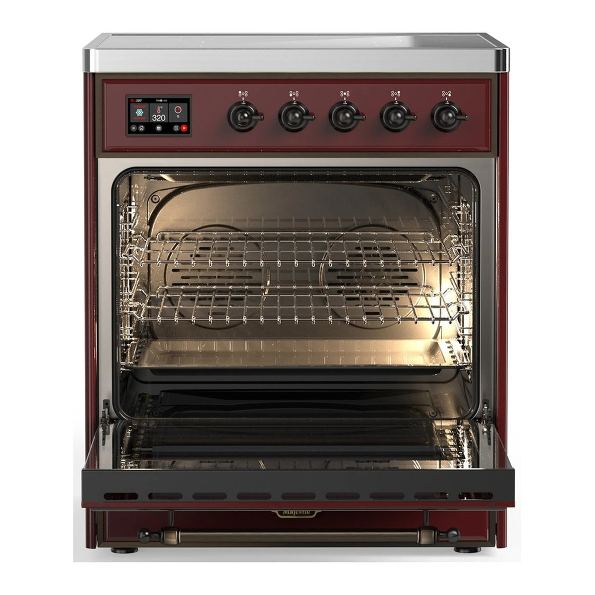 Burgundy electric oven door open showing wire racks and interior heating elements