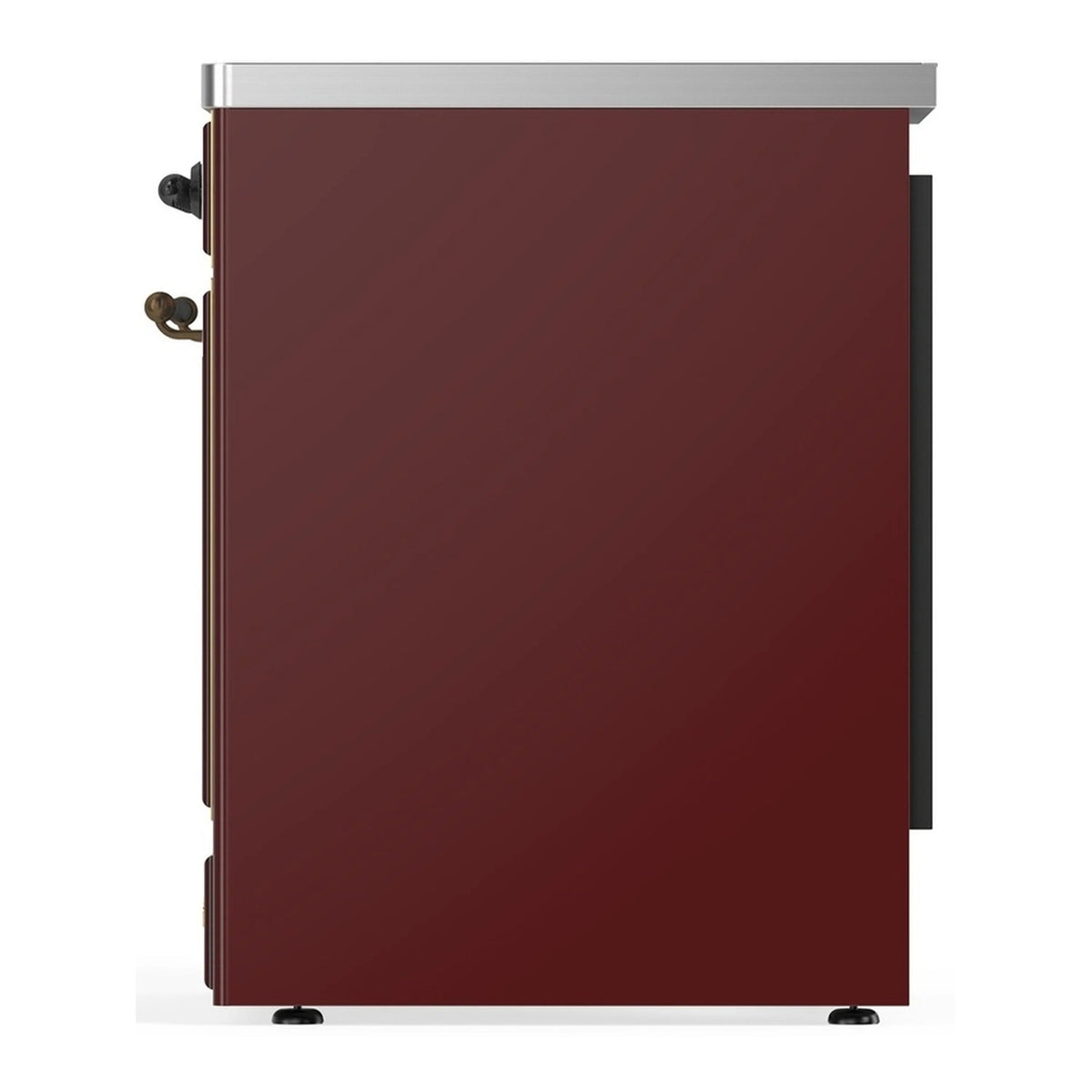 Burgundy electric oven range side panel with matching trim and side knobs