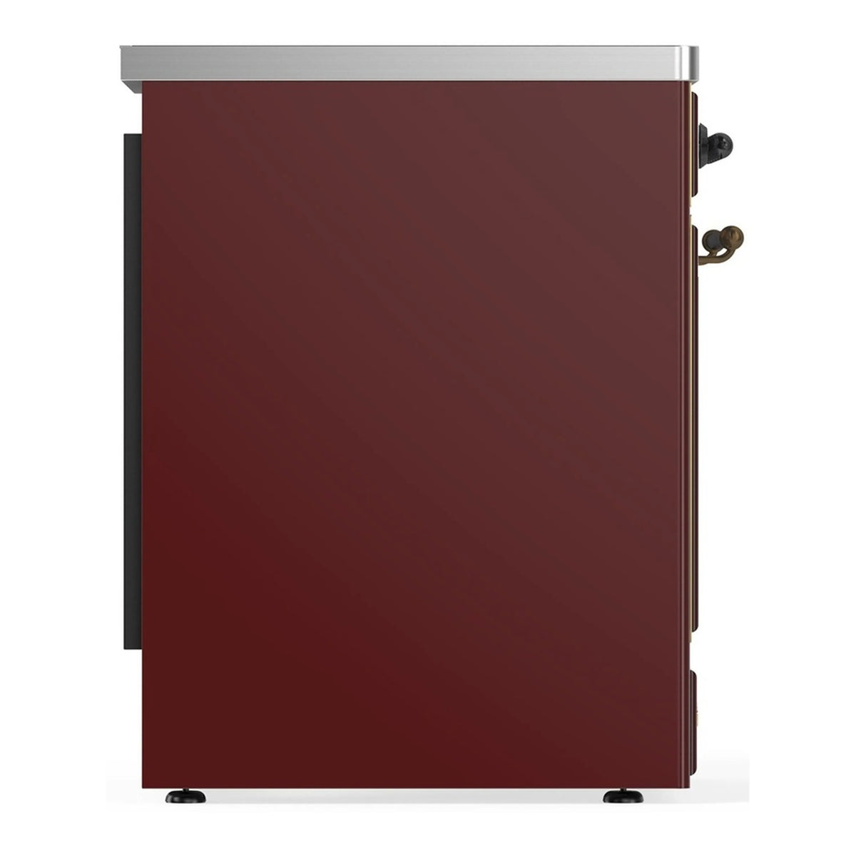 Burgundy oven range back/side panel with side-mounted knobs and stainless top trim