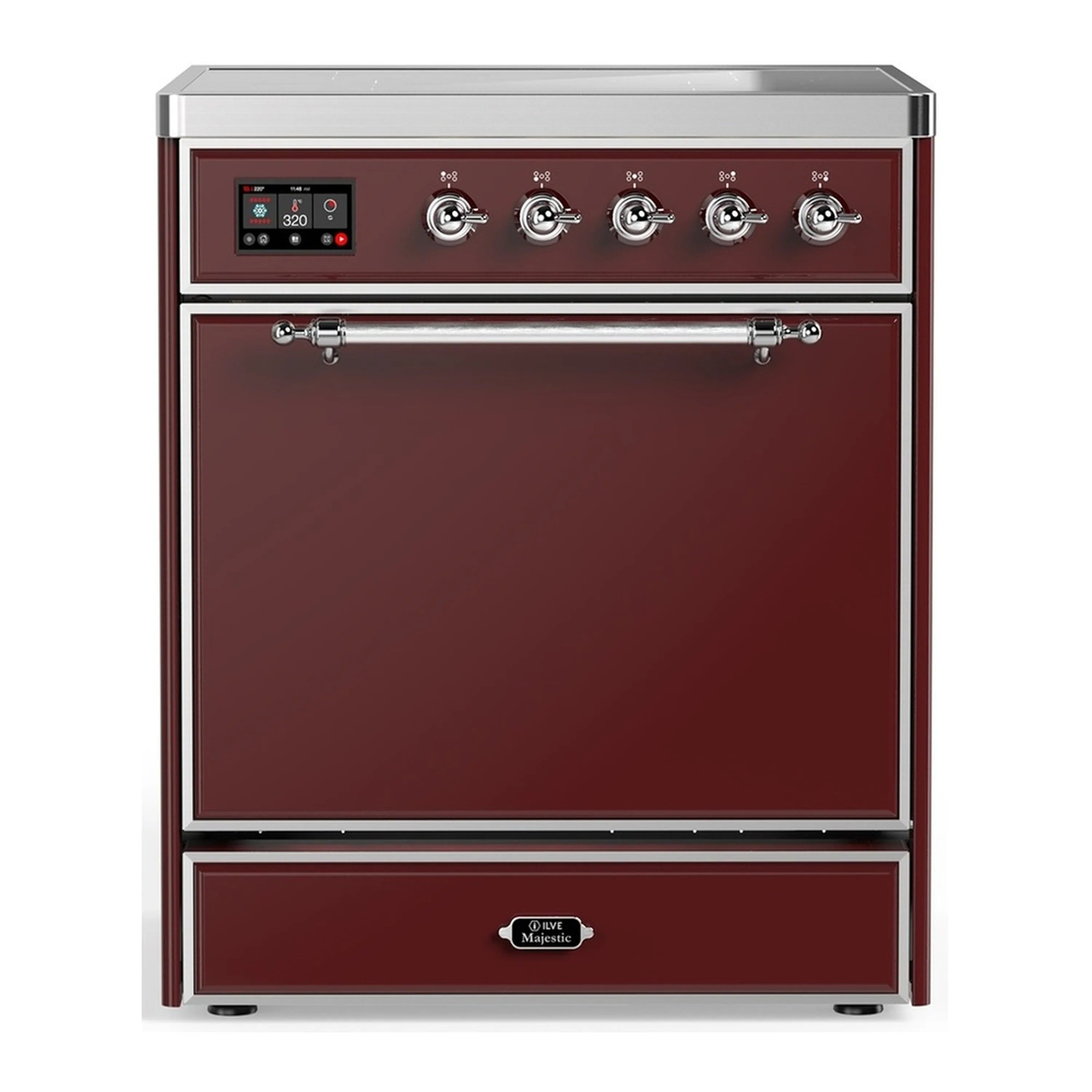 Burgundy 30-inch induction range with chrome trim and solid electric oven door
