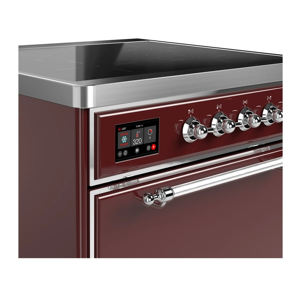 Burgundy induction range control panel with chrome knobs and digital display