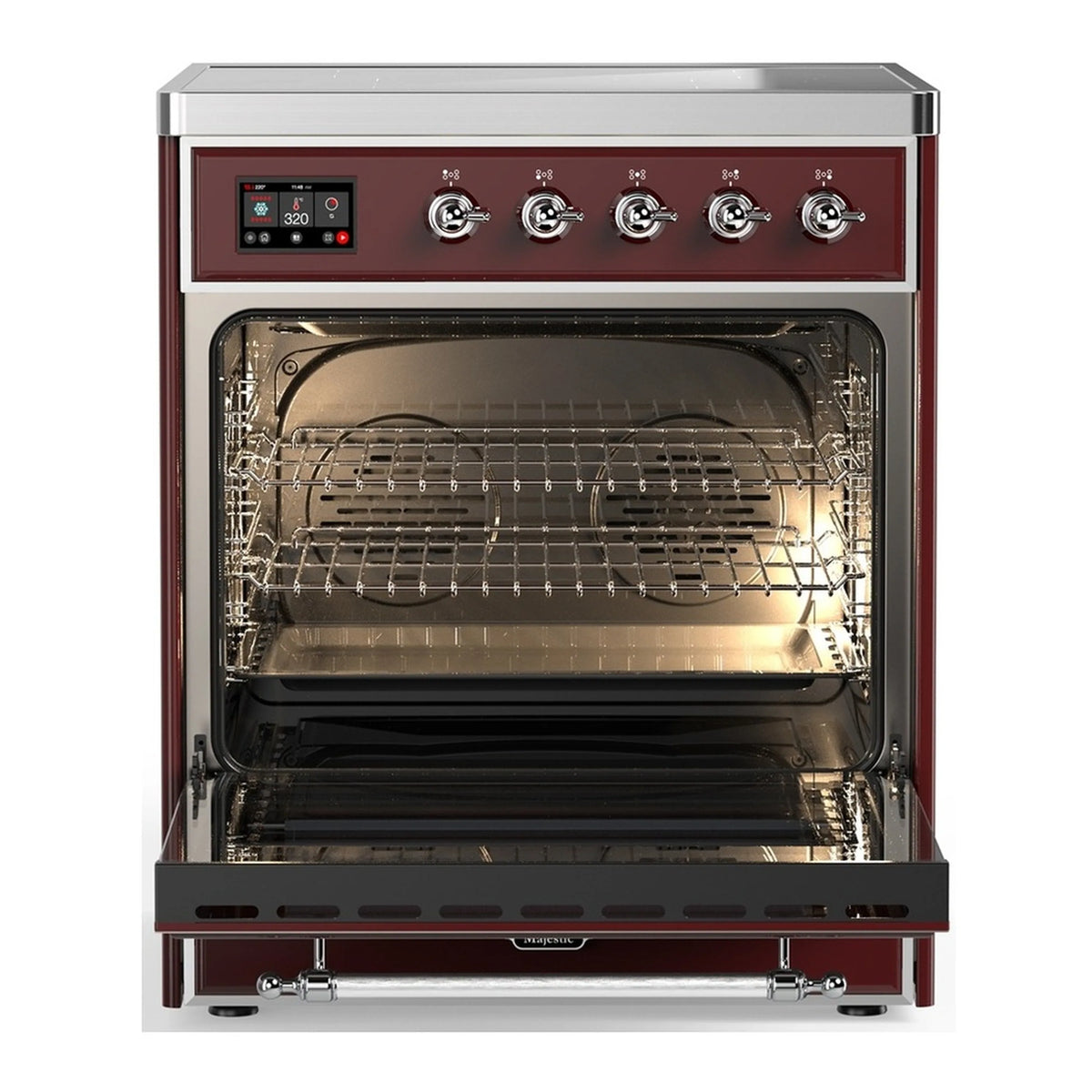 Open burgundy electric oven with wire racks and interior lighting