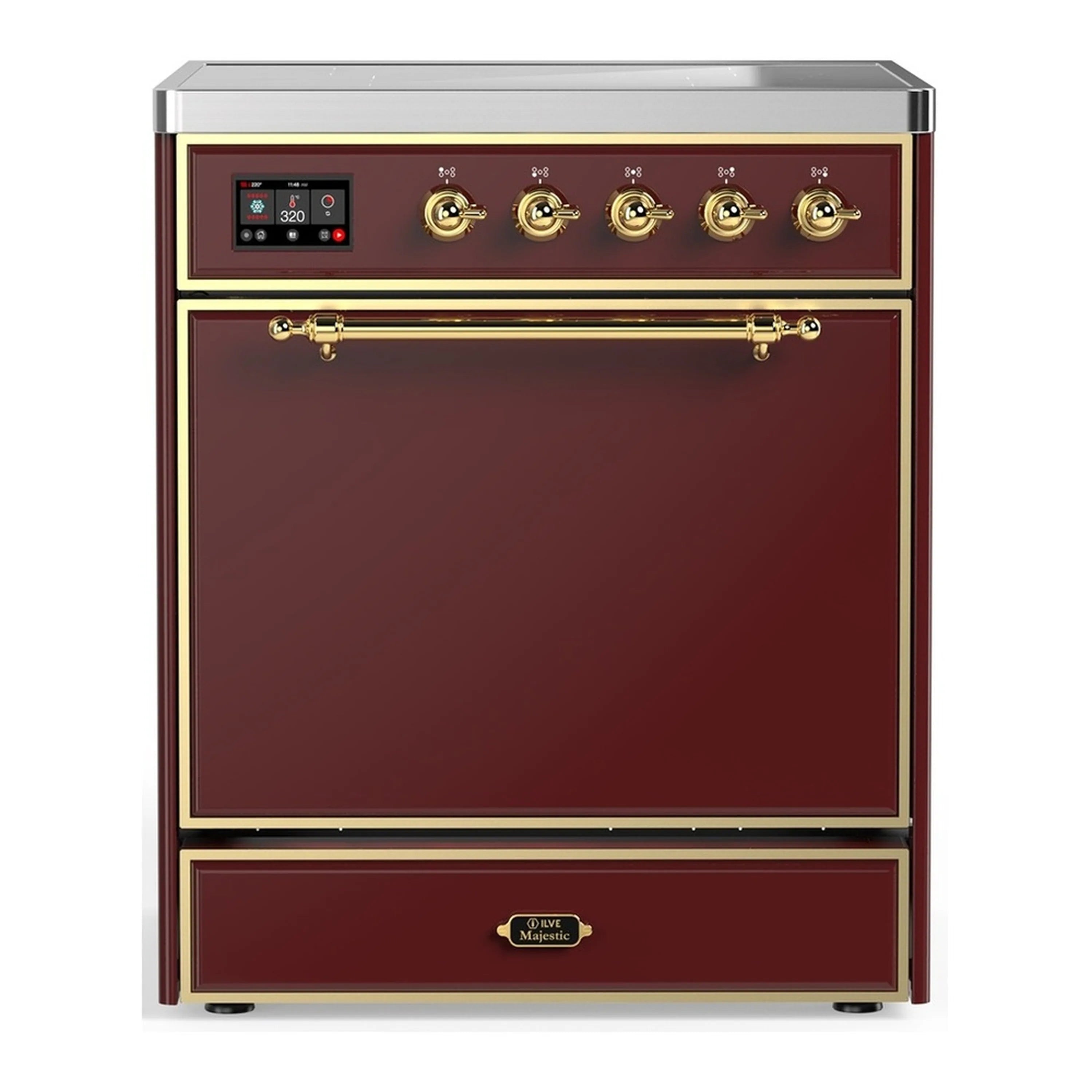 Burgundy induction range with brass trim, front control panel and solid oven door