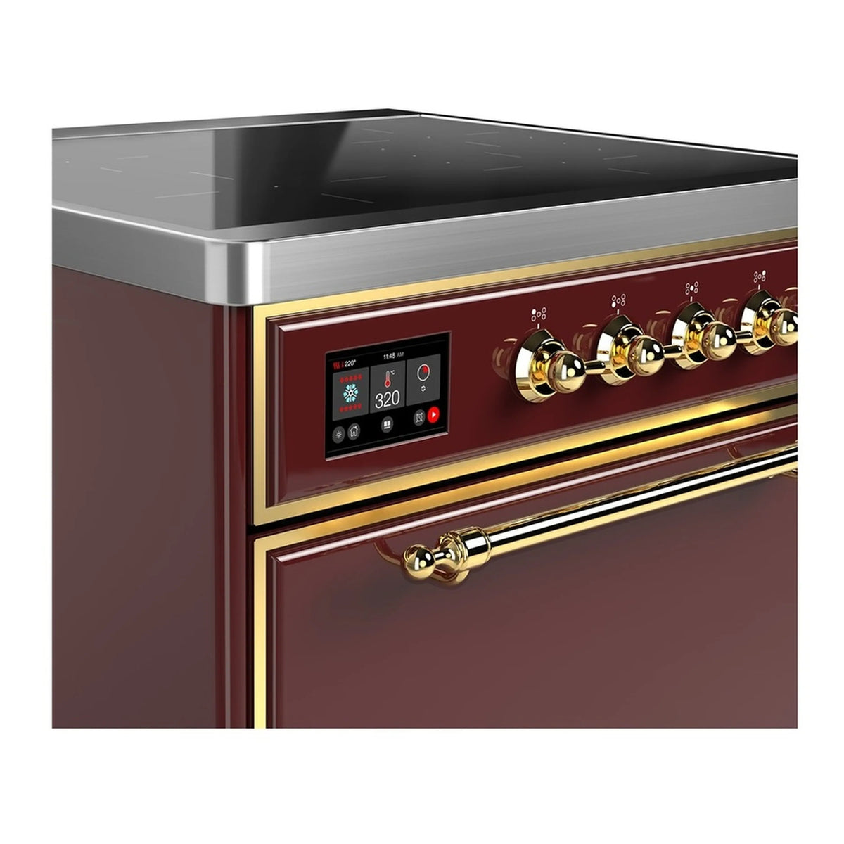 Burgundy induction range control panel with brass knobs and digital display