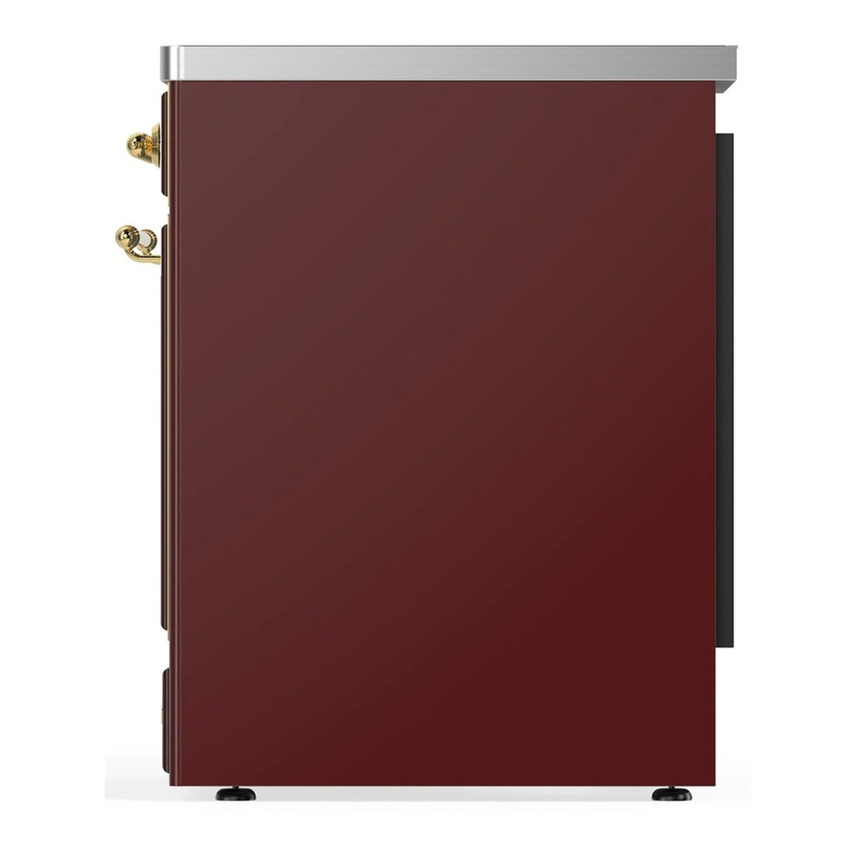 Burgundy oven door with brass side handle and trim on electric range