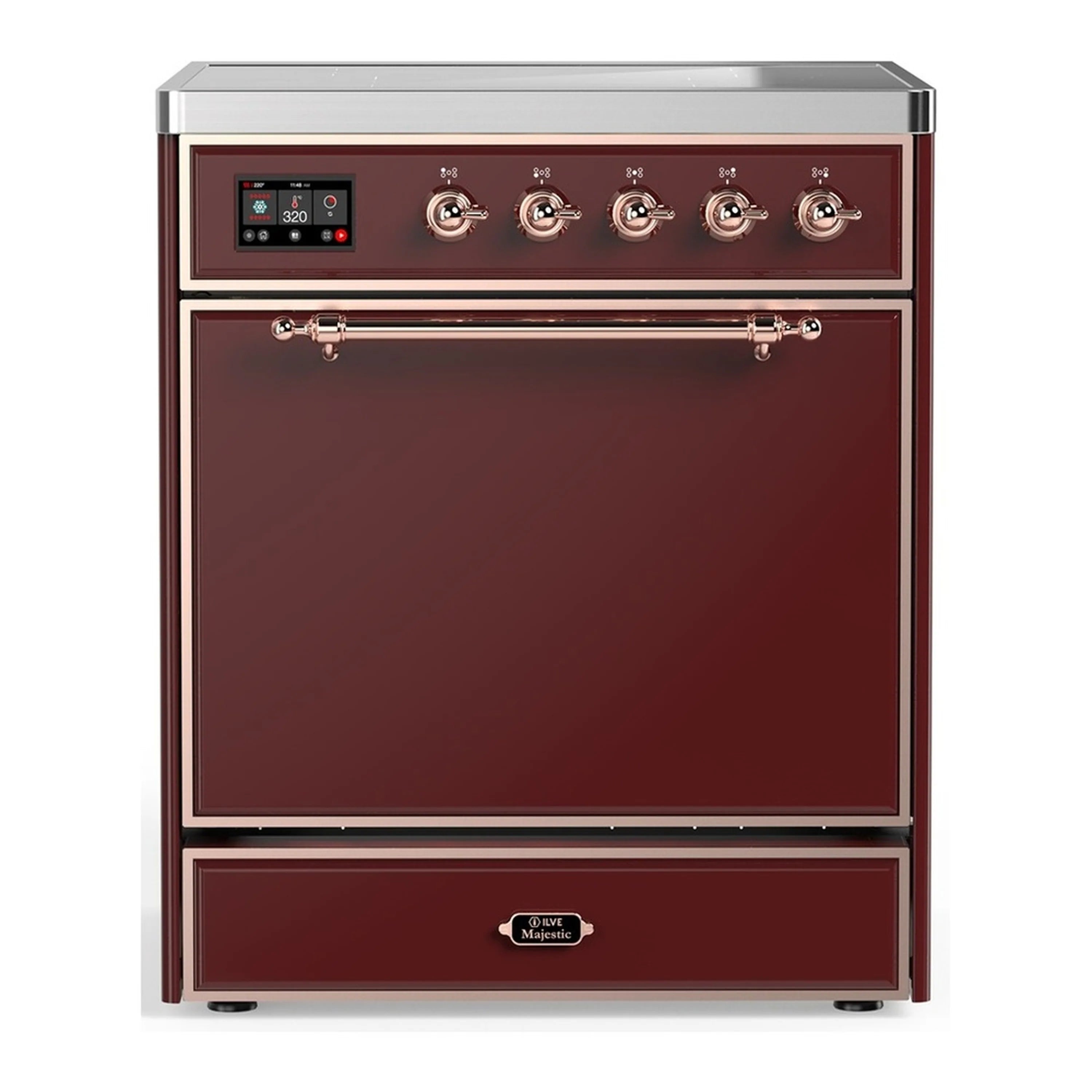Burgundy induction range with copper trim and control panel, solid electric oven door