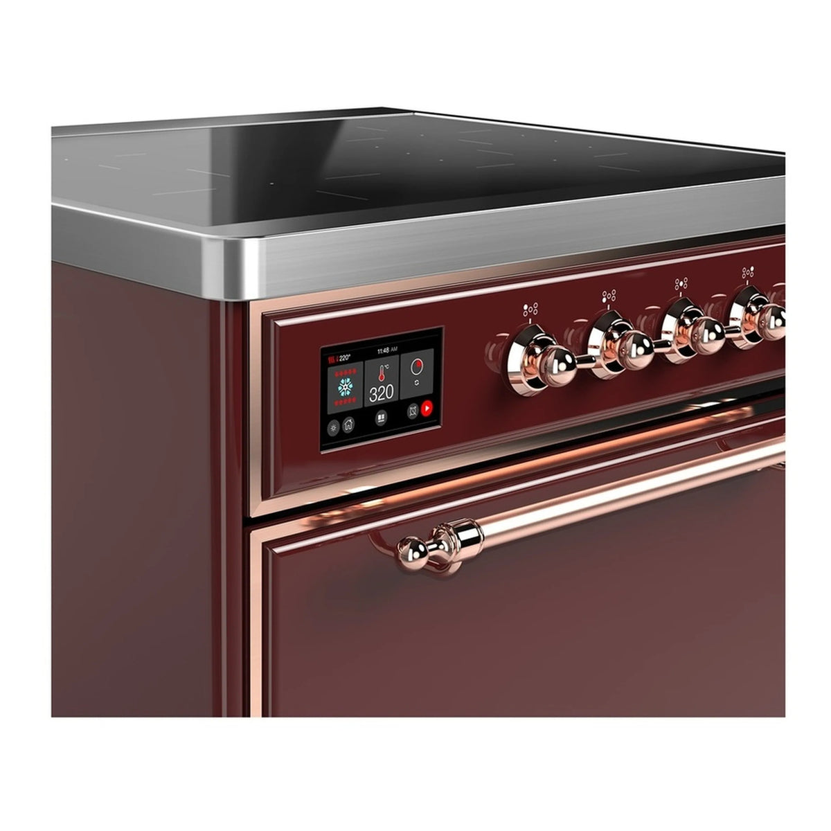 Burgundy induction range front with copper knobs and digital control display