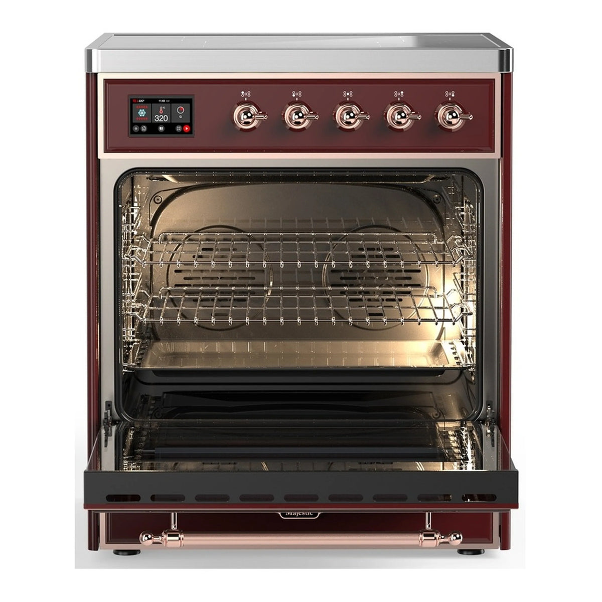 Burgundy induction range with oven door open, wire racks inside
