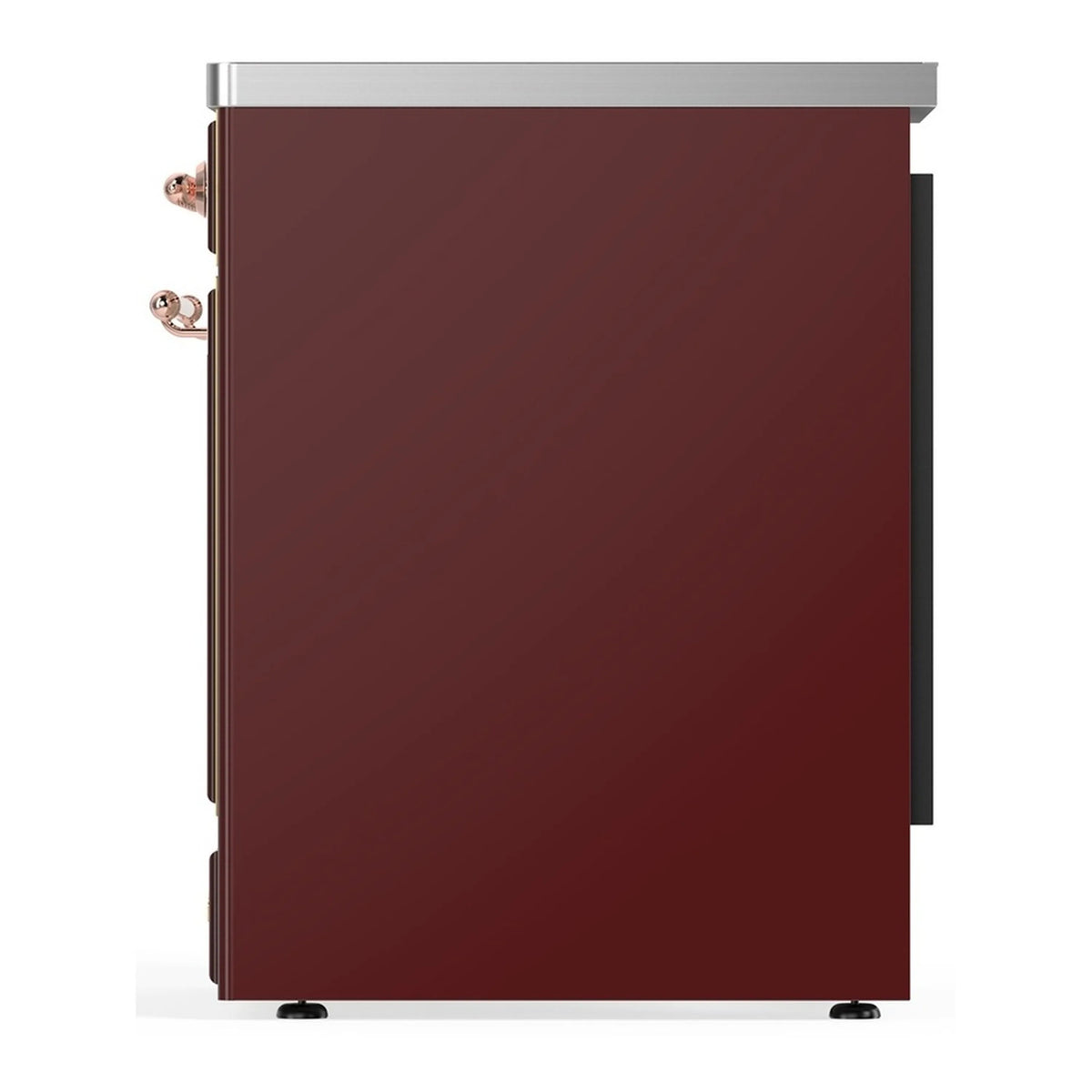 Burgundy induction range side view with copper handle and stainless top