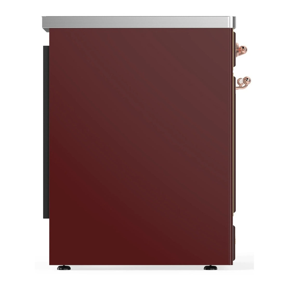 Burgundy induction range back/side corner with copper handles and stainless top