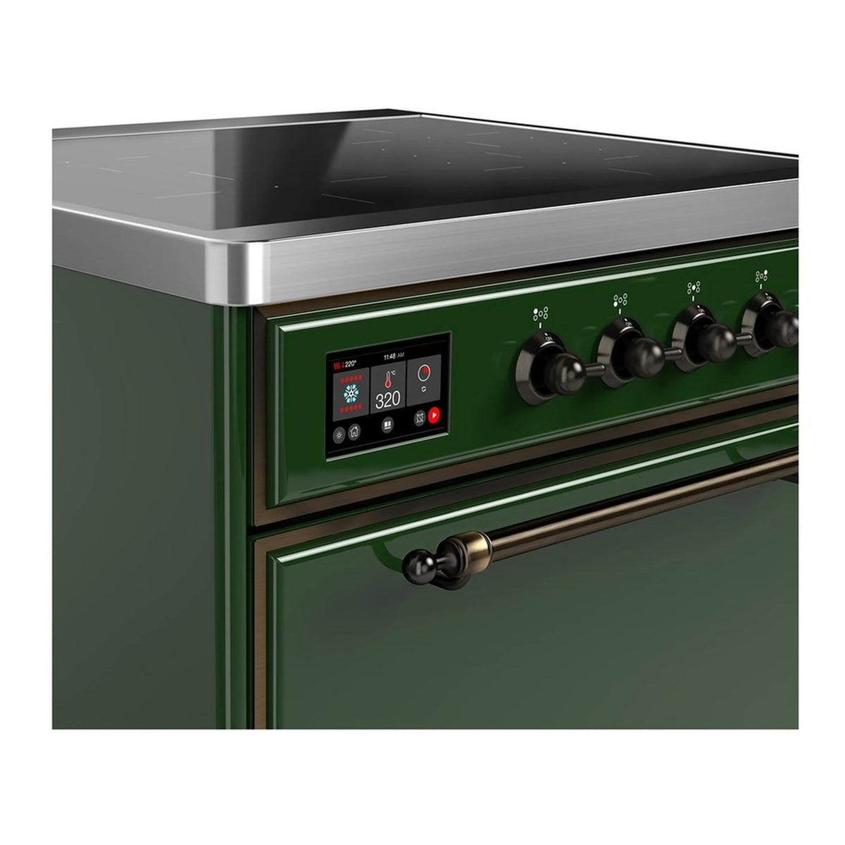 Induction range control panel with digital display and four black burner knobs