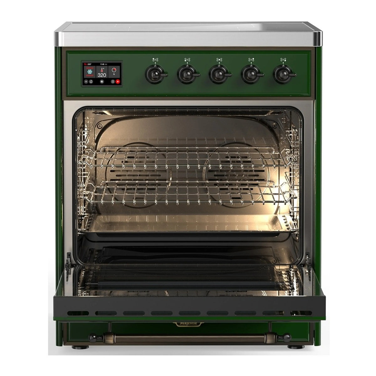 Open oven of emerald green induction range with wire racks and interior light