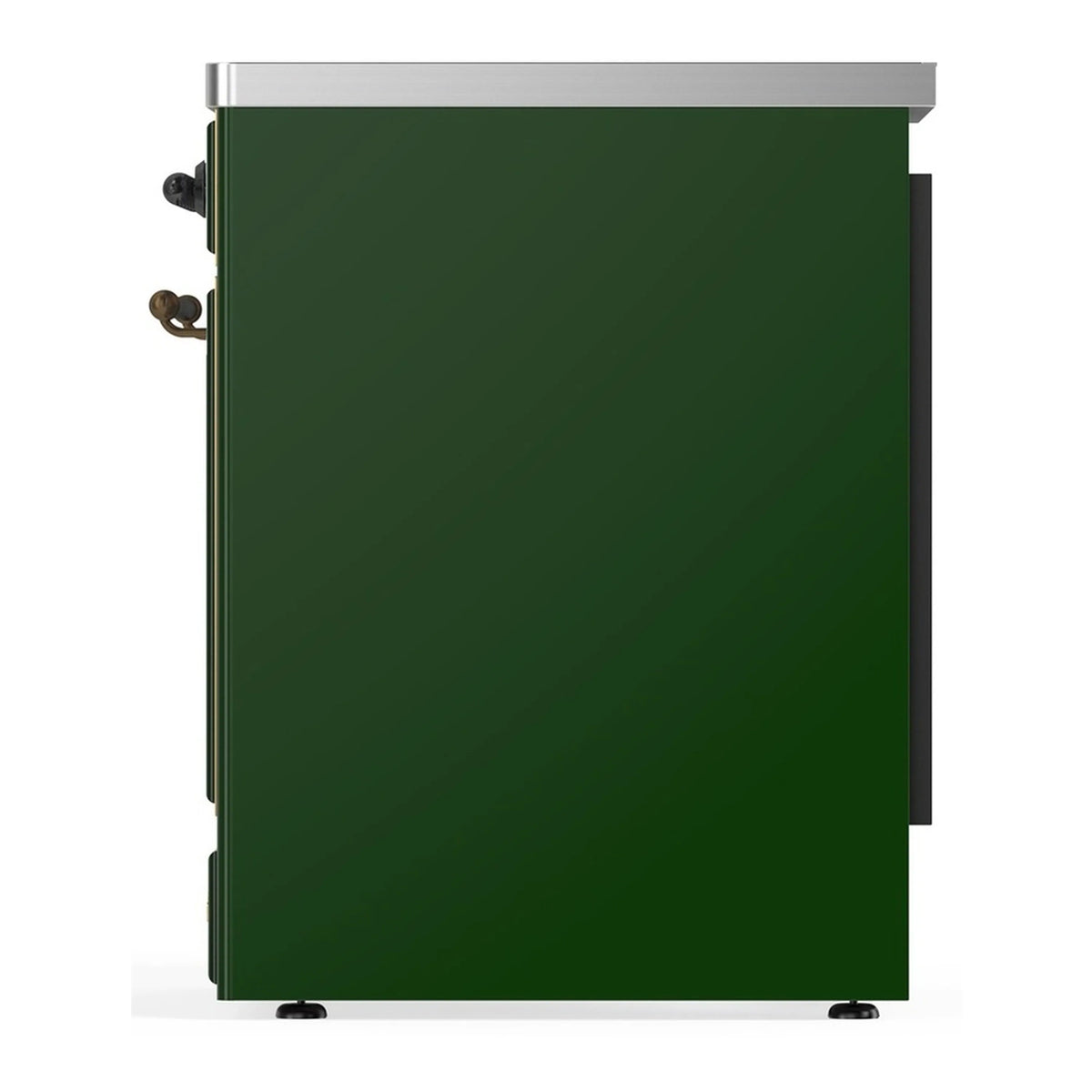 Emerald green oven side with stainless top edge and black/brass handle hardware