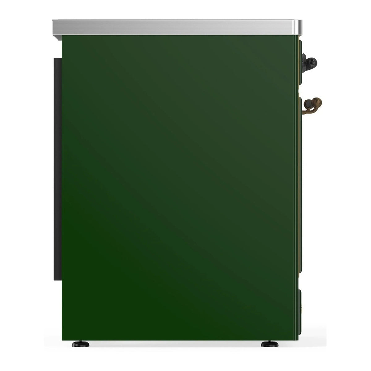 Emerald green oven side with stainless trim and black base feet, side handle