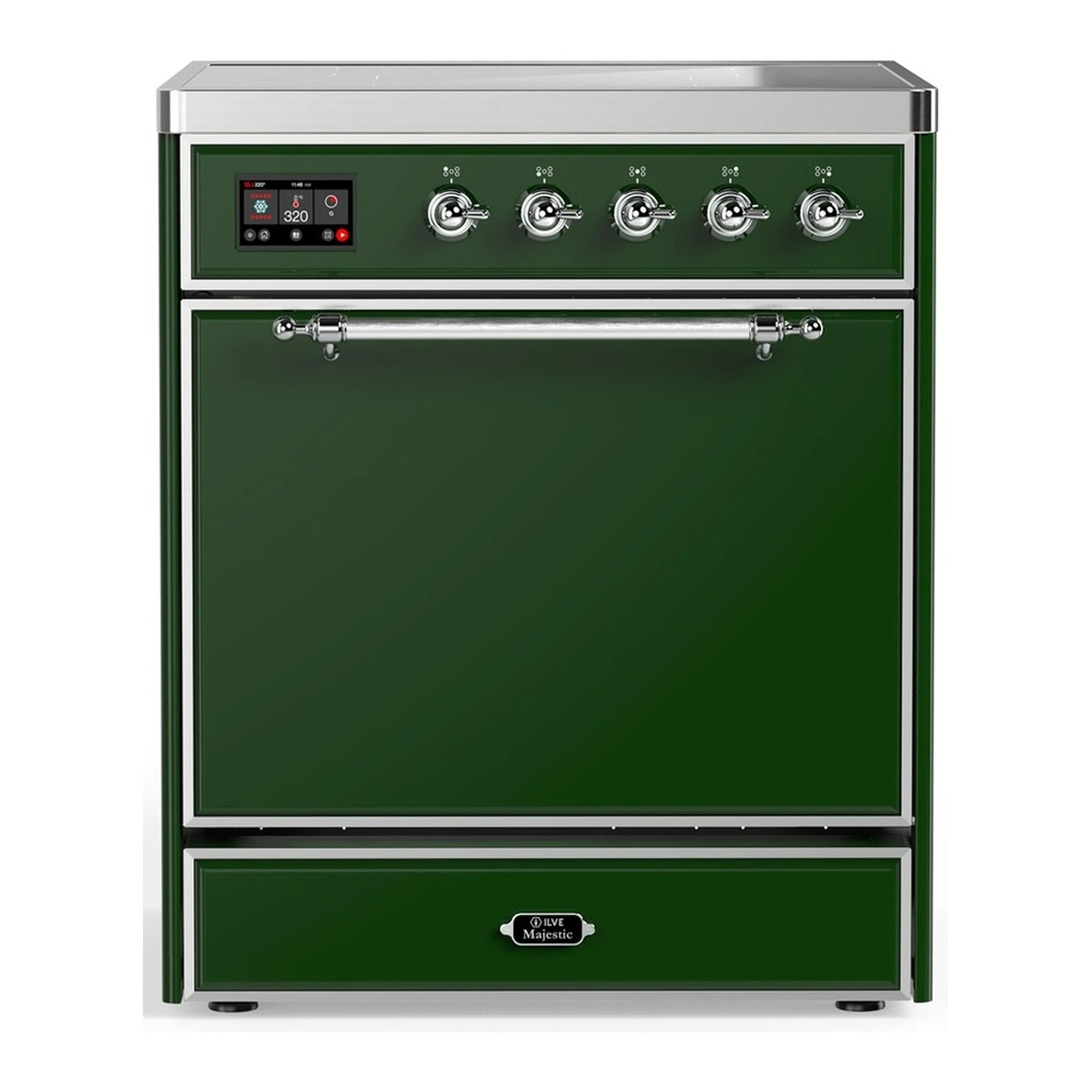Emerald green induction range with chrome trim, glass oven door, and control panel