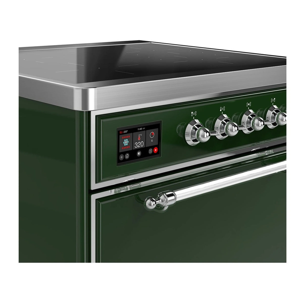 Emerald green induction range control panel with knobs and digital display