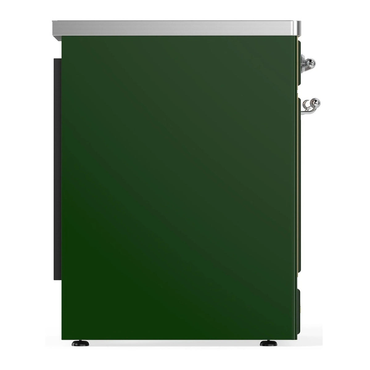 Emerald green solid oven door side view with chrome handle and feet