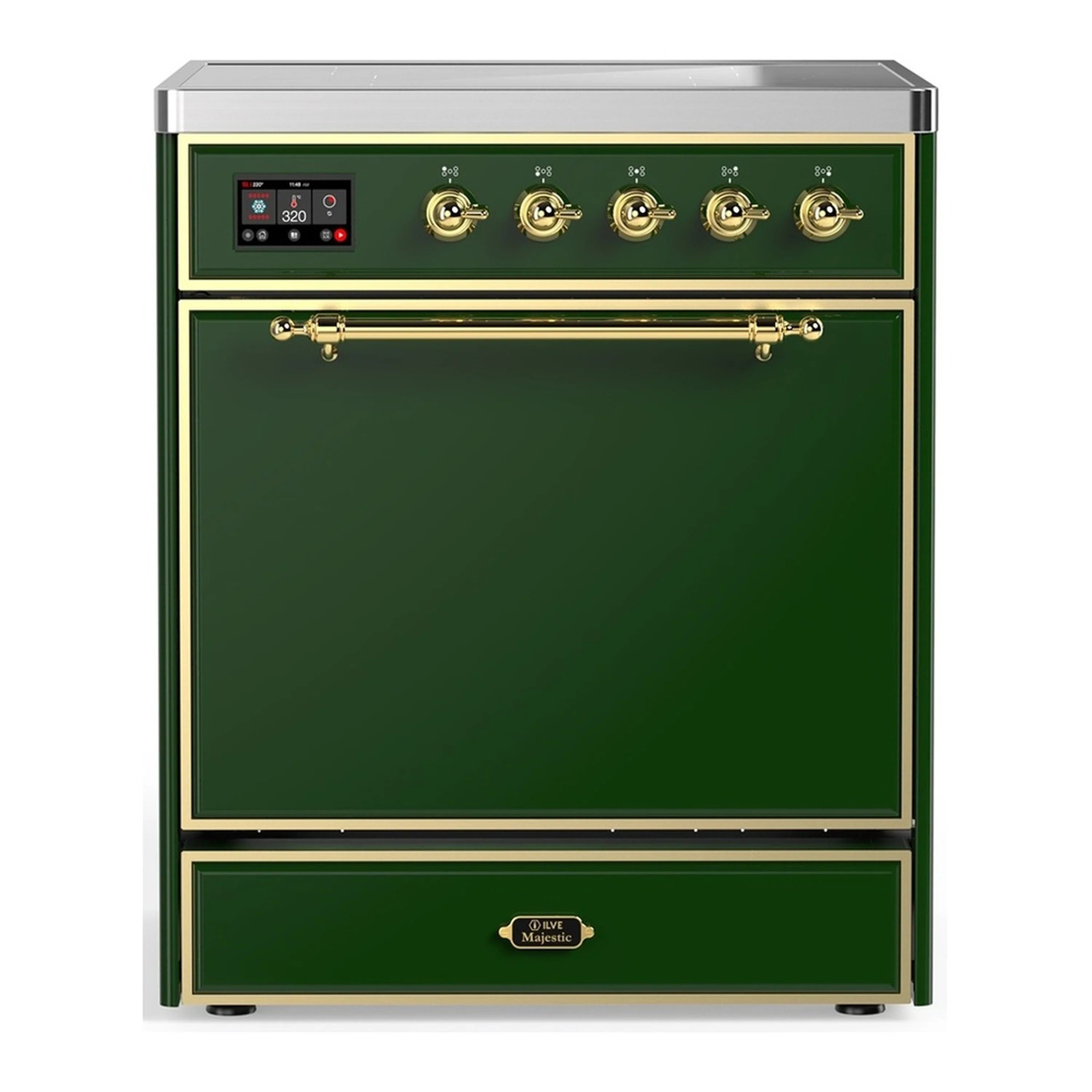Emerald green induction range with solid oven door and brass trim, front view