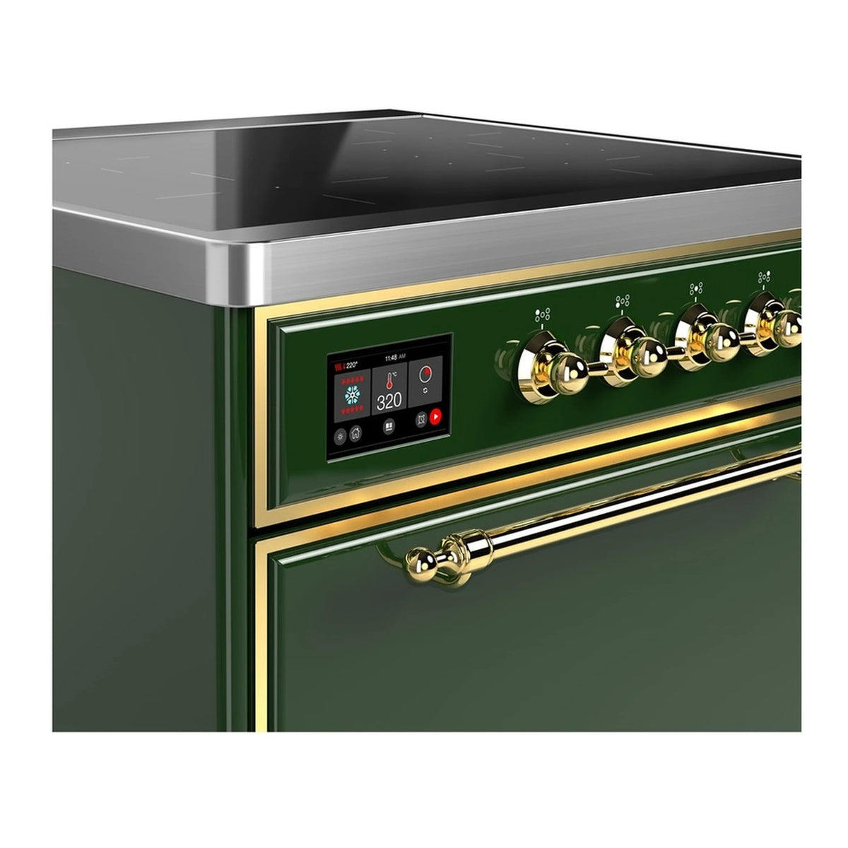 Induction cooktop control panel on emerald green range with brass knobs and display