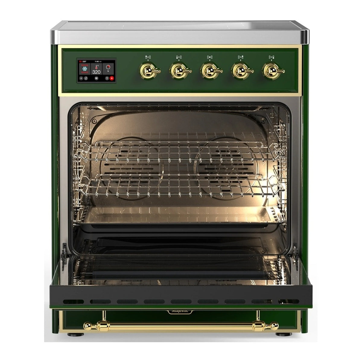 Emerald green electric oven cavity with racks, open door and brass handle trim