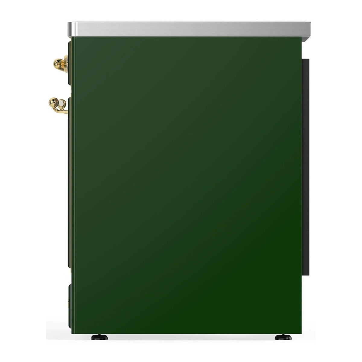 Emerald green oven door and side handle on induction range with brass trim