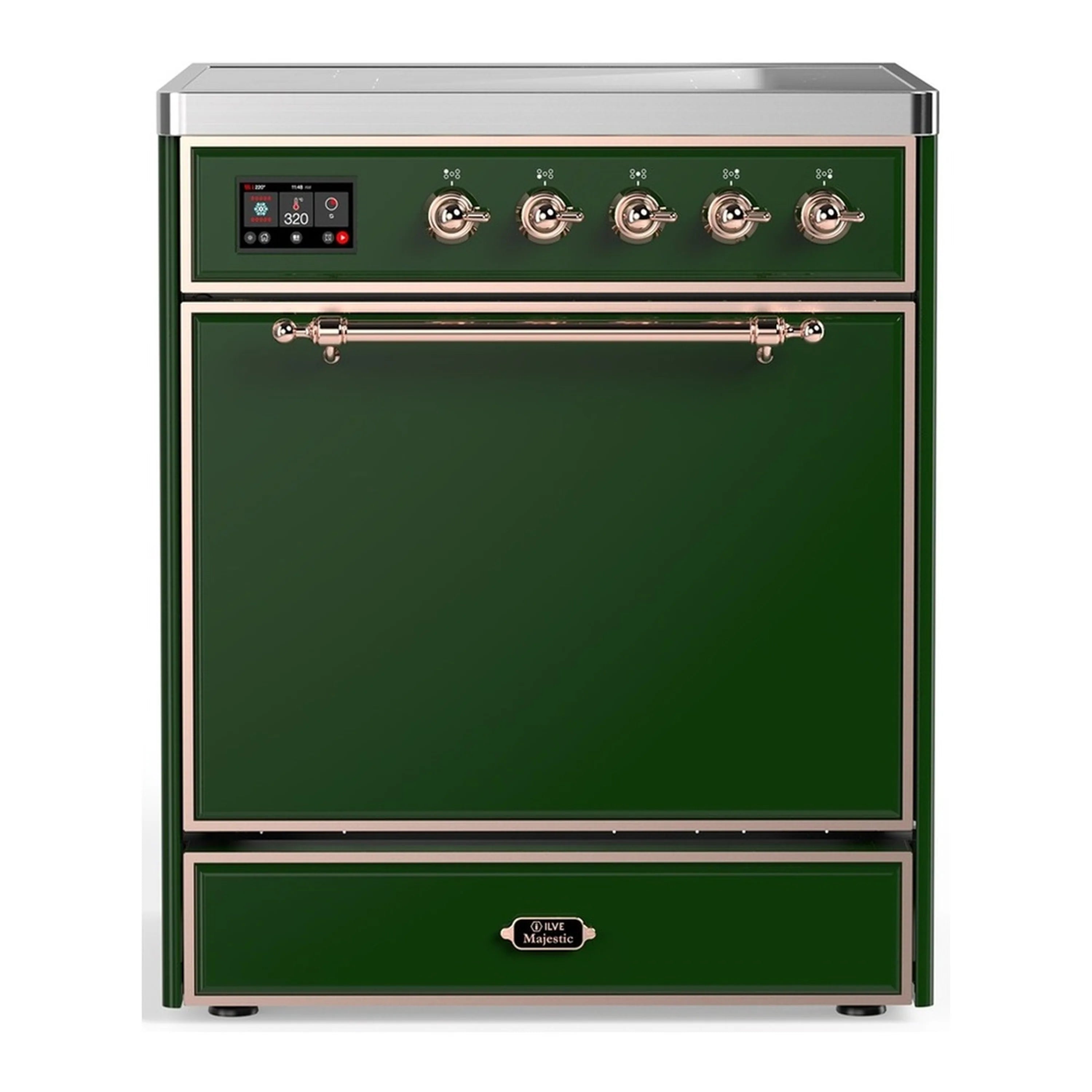 Emerald green induction range with copper-trimmed control knobs and solid oven door